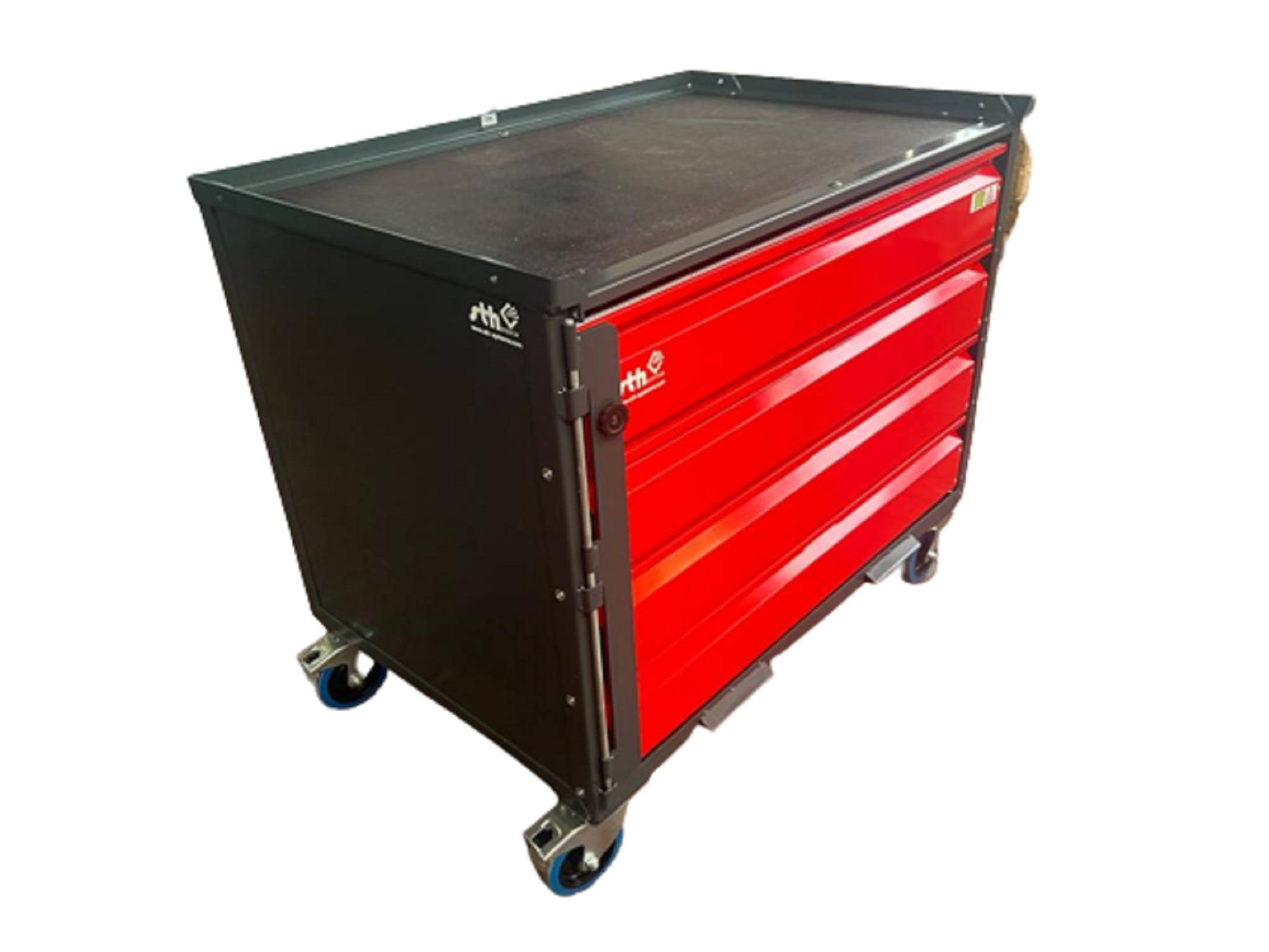 Gitterbox LCB I, normalhoch, 1200x800x980 BxTxH, Blechwände + Rollen, 4 Schubladen, Orange