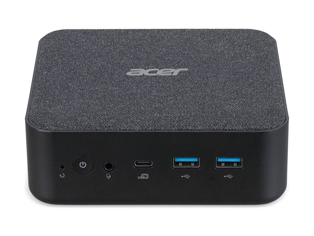 Acer Mini-Desktop-Computer Vorderansicht mit Ein-/Ausschalter, Audiobuchse, USB-C-Anschluss und zwei USB-A-Anschlüssen.