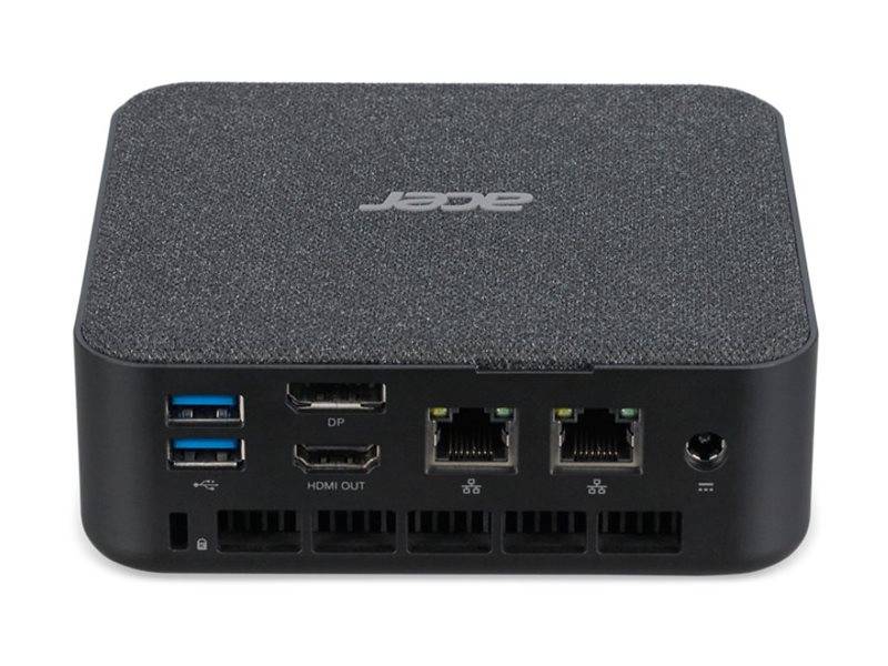 Vorderansicht eines schwarzen Acer Mini-Desktops mit Anschlüssen: zwei USB-Anschlüsse, DisplayPort, HDMI-Ausgang, zwei Ethernet-Anschlüsse, Stromanschluss und Belüftungsschlitze.