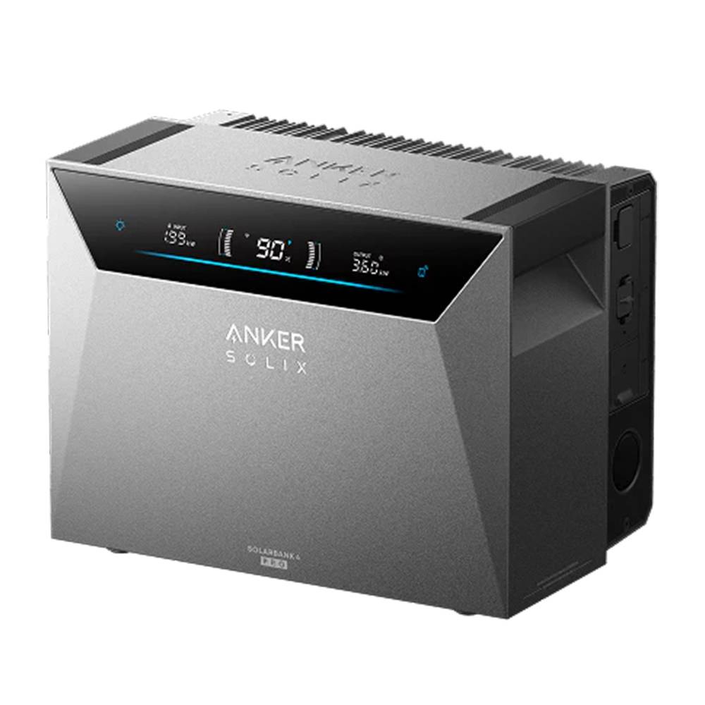 Anker SOLIX tragbare Stromstation mit digitalem Display, Statusanzeigen auf der Frontplatte und Seitenports auf weißem Hintergrund.