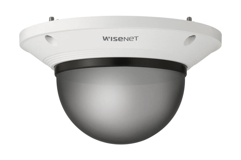 Wisenet Domenkamera zur Sicherheitsüberwachung mit weißem Gehäuse und dunkel getönter Linsenabdeckung, Vorderansicht auf weißem Hintergrund.