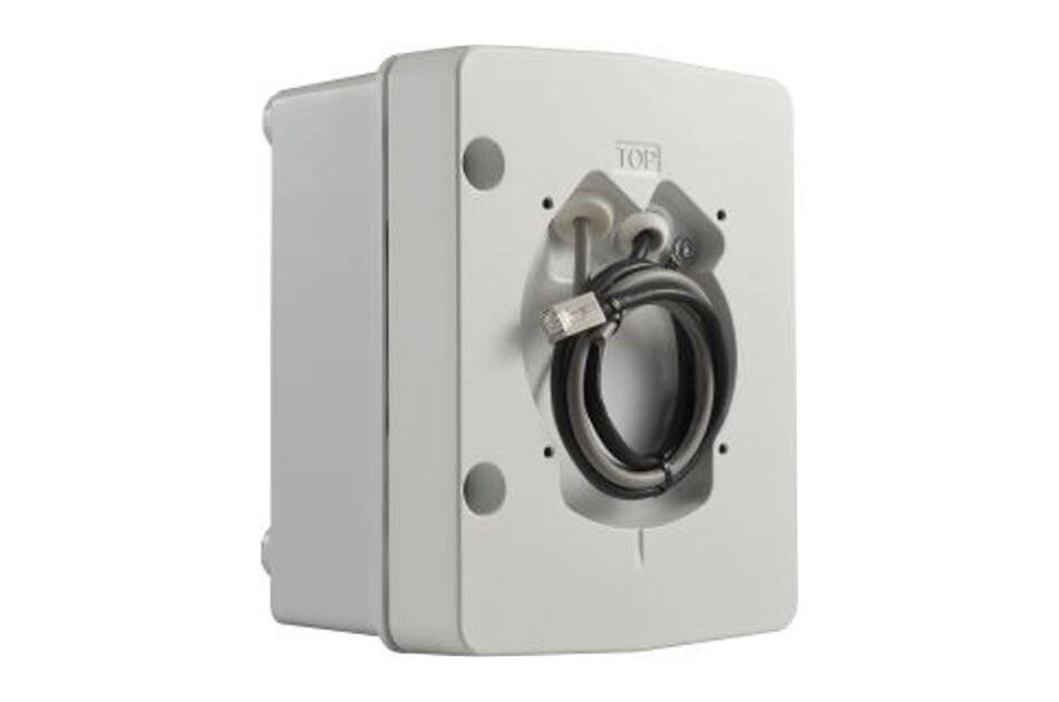 Graues elektrisches Schaltschrank mit einem aufgewickelten schwarzen Kabel an der Vorderseite montiert und 'OBEN' darüber gekennzeichnet.