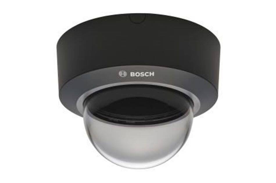Bosch-Domensicherheitskamera mit schwarzem Gehäuse und transparenter gewölbter Linsenschutzscheibe, vor weißem Hintergrund dargestellt.