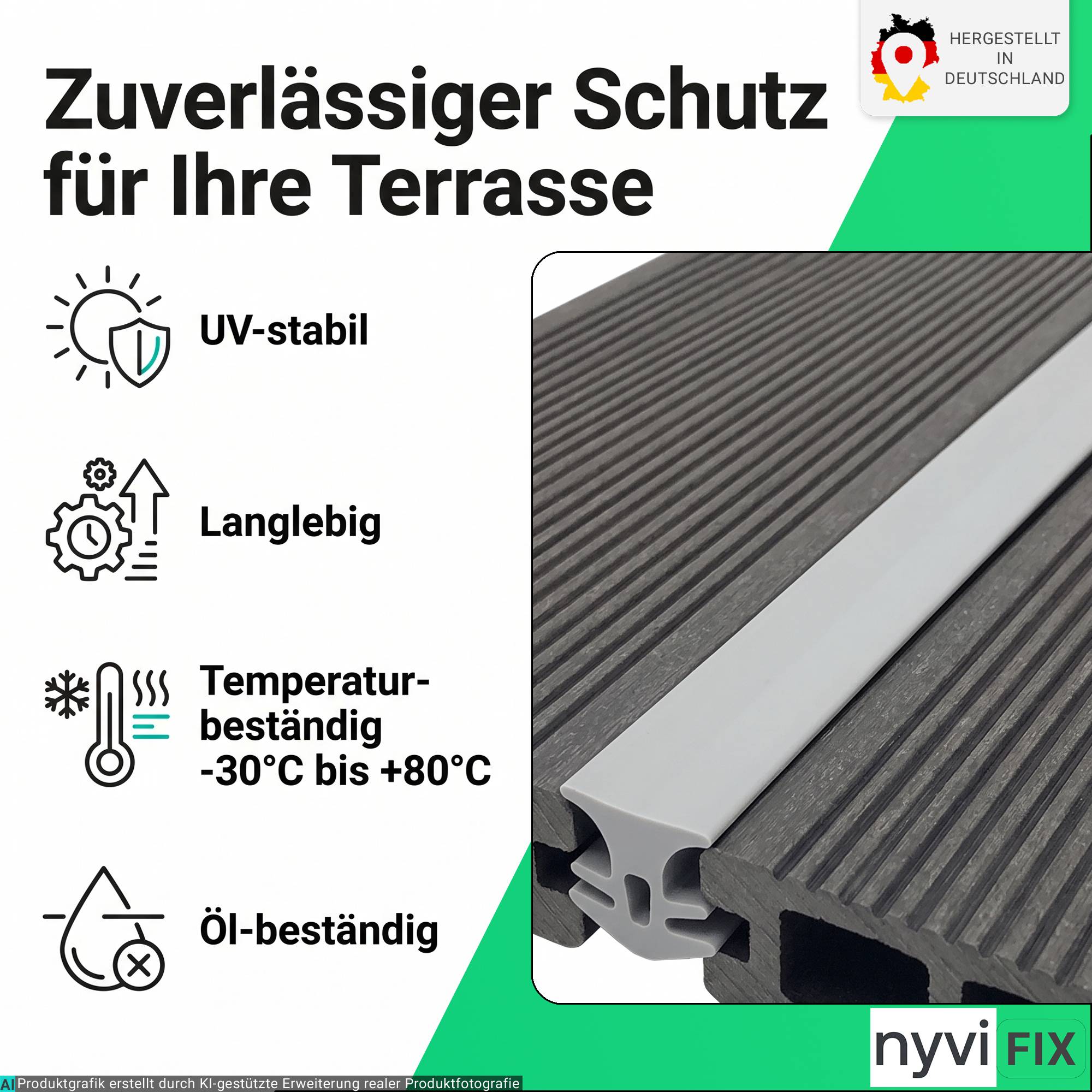 Werbebilder für Terrassendielung: „Zuverlässiger Schutz für Ihre Terrasse