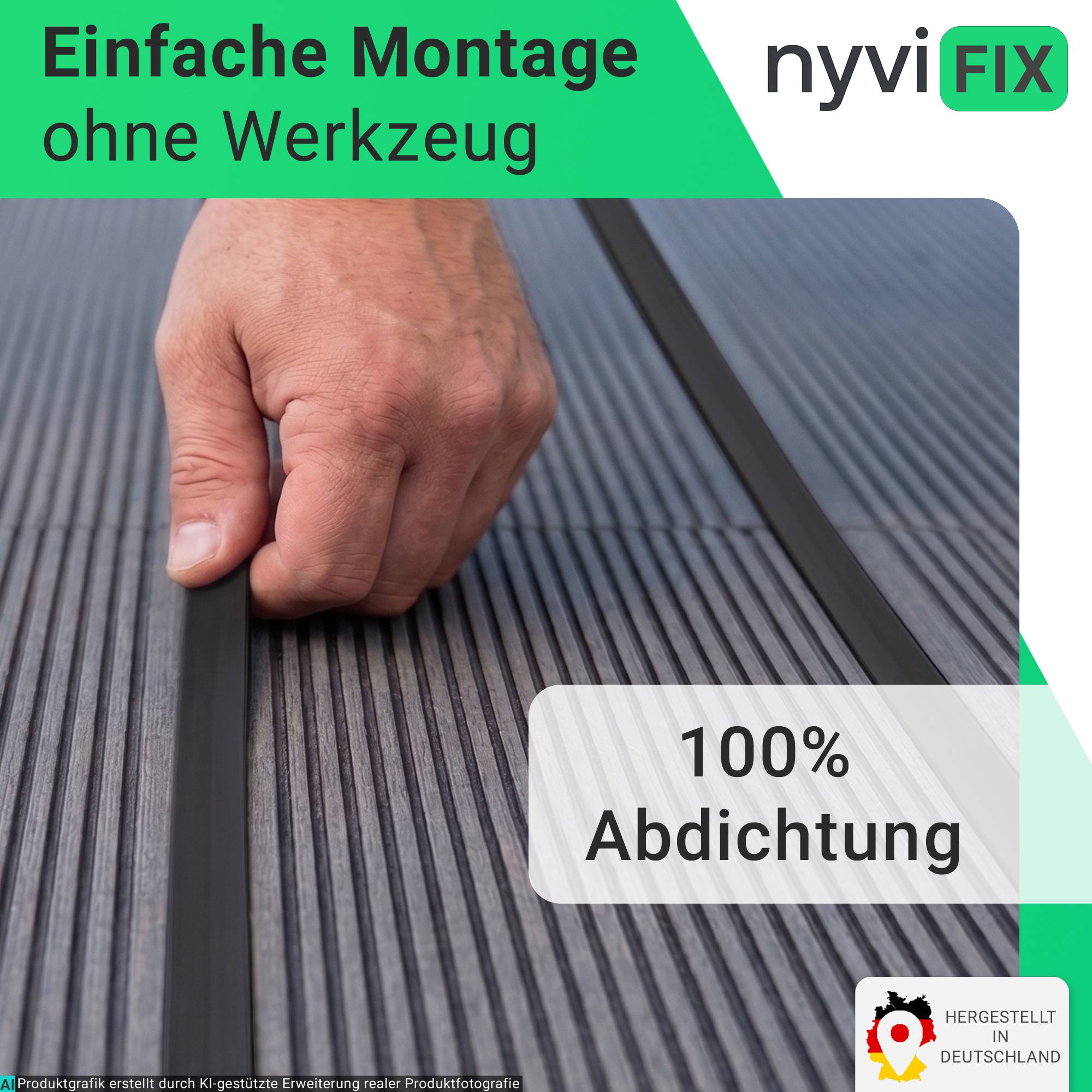 Hand drückt auf eine Bodenfuge; Deutsche Anzeige für nyviFIX verspricht einfache werkzeugfreie Installation und 100%ige Abdichtung.