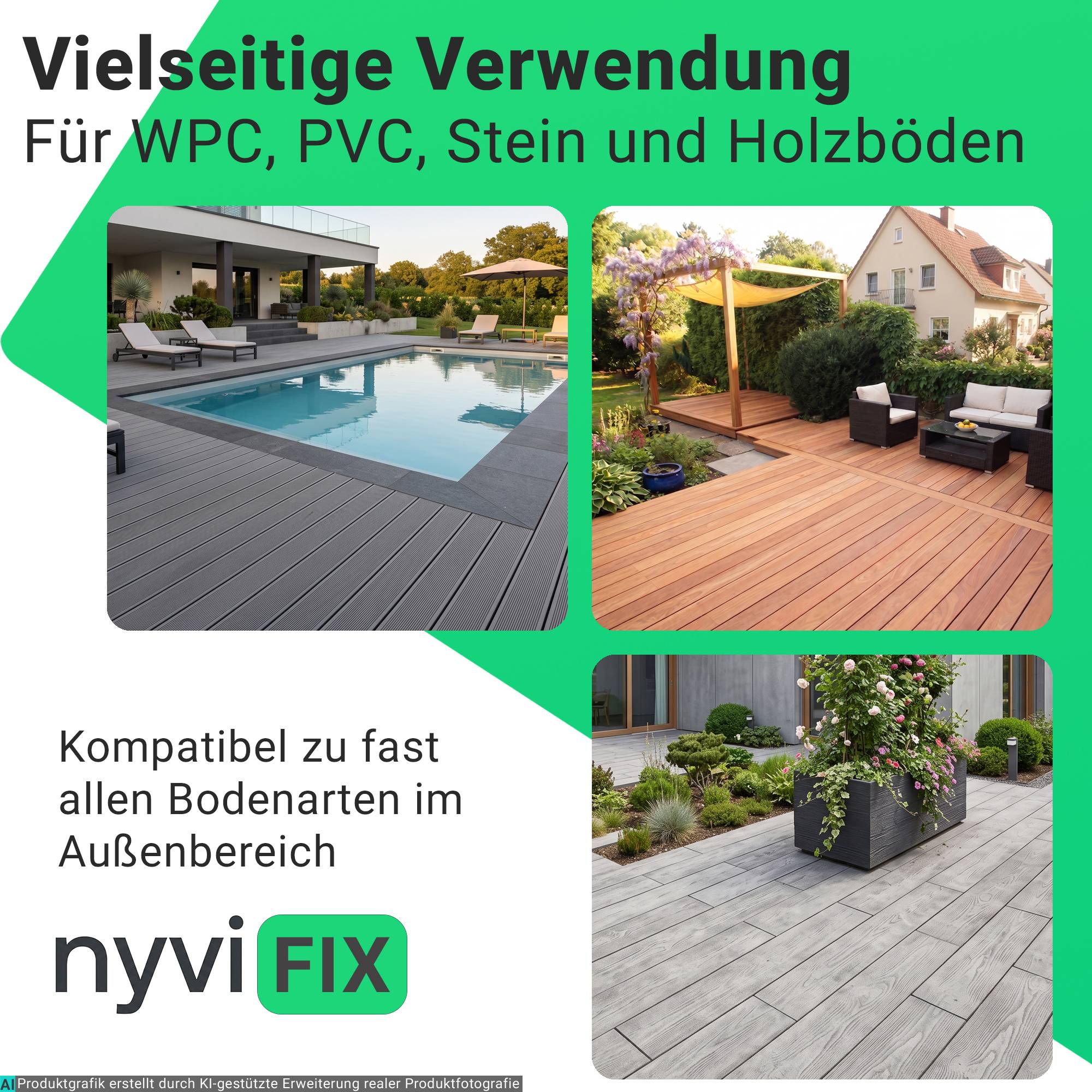 Anzeige zeigt nyviFIX Außenbeläge, kompatibel mit WPC-, PVC-, Stein- und Holzböden, mit drei Fotos von Terrassen- und Pooldeckinstallationen und deutschem Text.