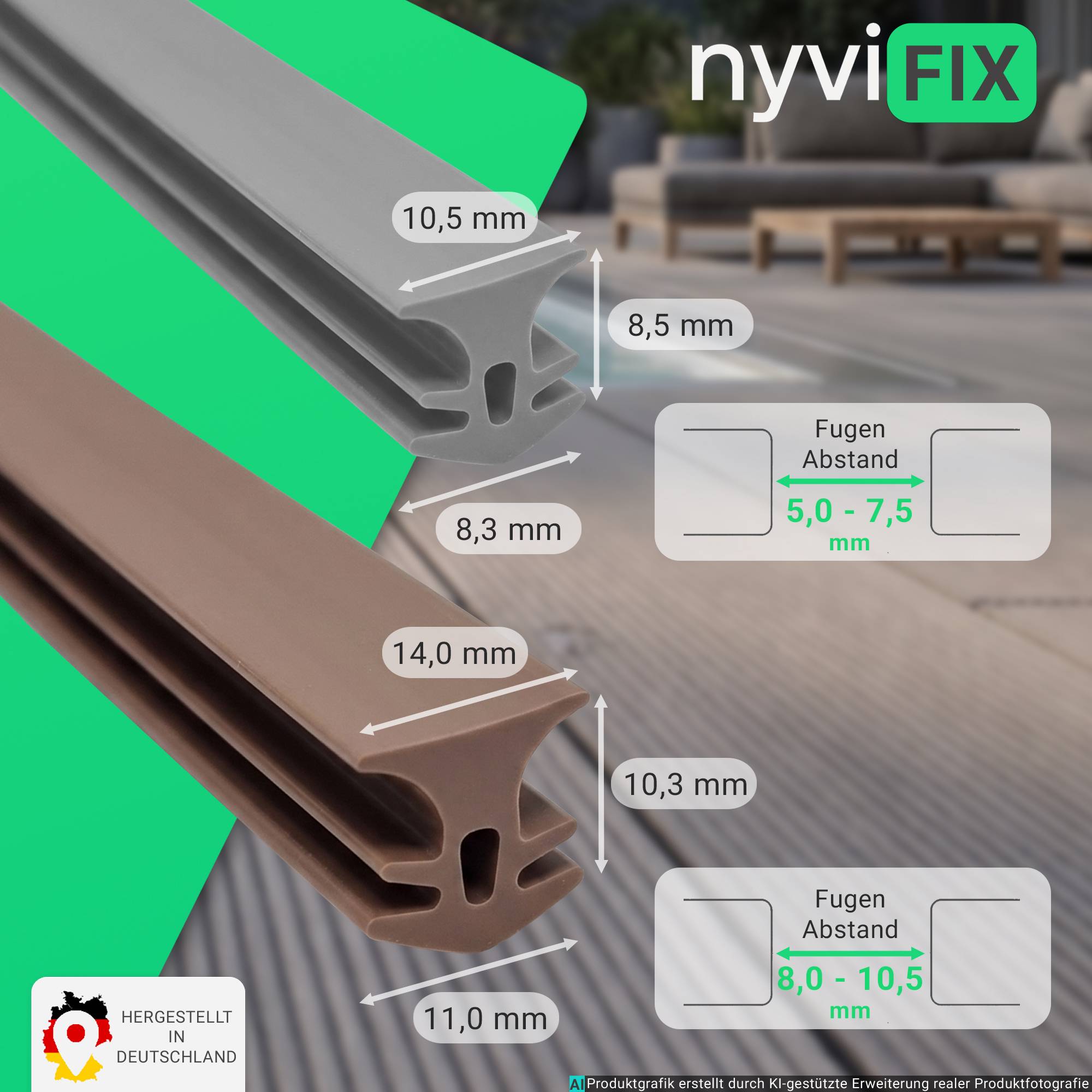 Darstellung von nyviFIX-Expansionsprofilen mit Abmessungen in mm und Richtlinien für Fugenspanung: 5,0-7,5 mm und 8,0-10,5 mm, hergestellt in Deutschland.