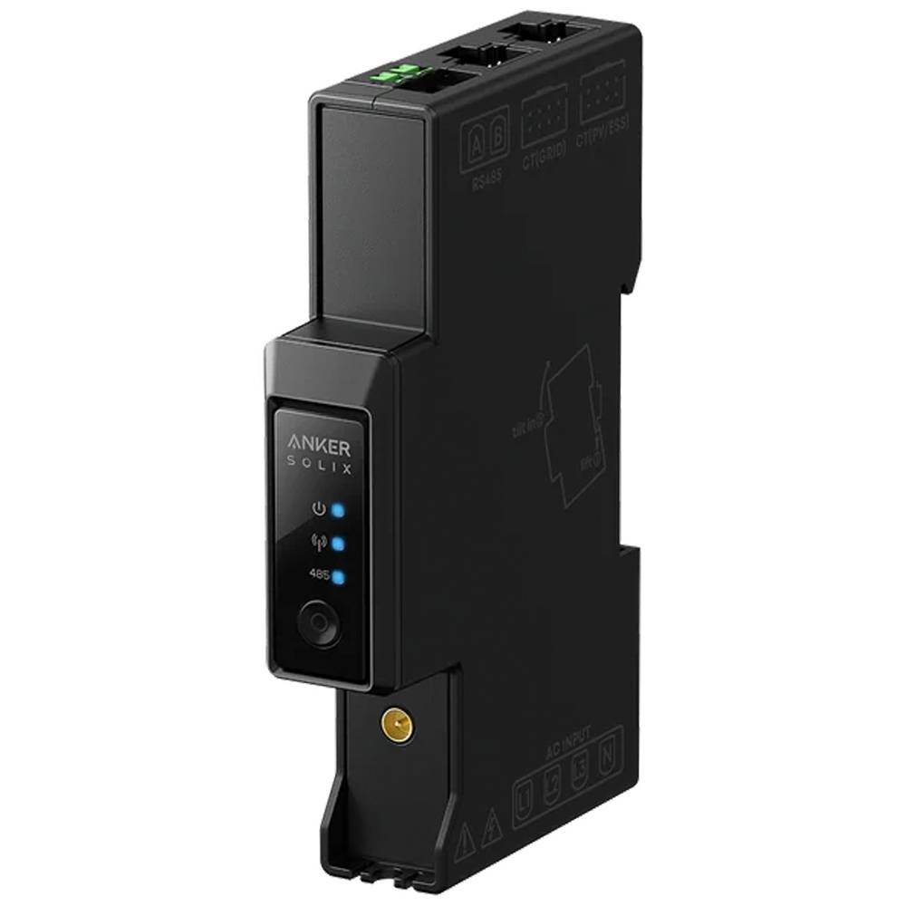 Schwarzes Anker SOLIX Batteriemodule mit Statusleuchten und Stromschalter, gezeigt auf weißem Hintergrund.