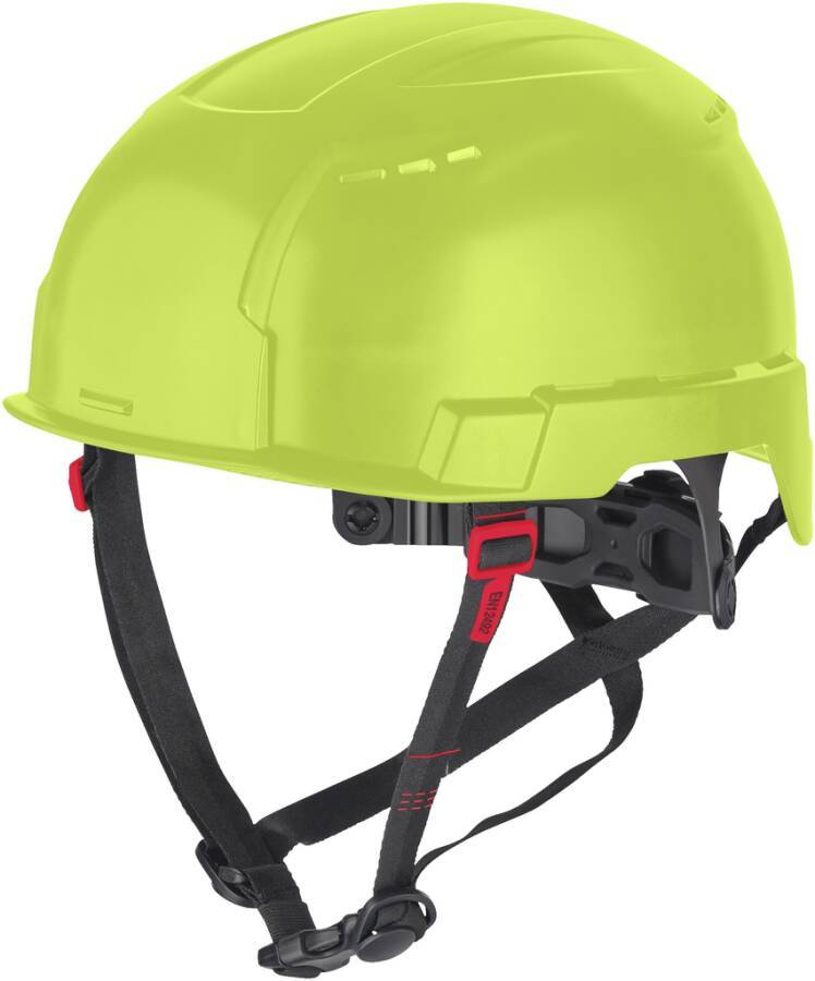 Hochsichtbarer leuchtendes Grün Schutzhelm mit verstellbaren schwarzen Kinnriemen und roten Verschlüssen, auf einfachem weißem Hintergrund gezeigt.