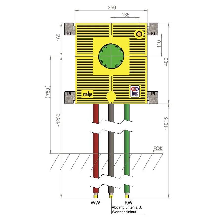 Technisches Diagramm einer gelben quadratischen Elektroverteilerdose mit Abmessungen, Kabeleinführungspunkten und drei vertikalen Leitungen mit den Bezeichnungen „WW