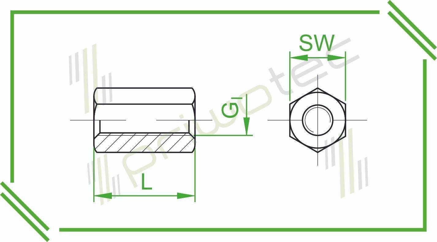Abstandsbolzen I/I SW5x10 I/I=M3 durchgehend Messing CuZn42 (bleifrei) - E1E (vernickelt 3µ) (100 Stk.)