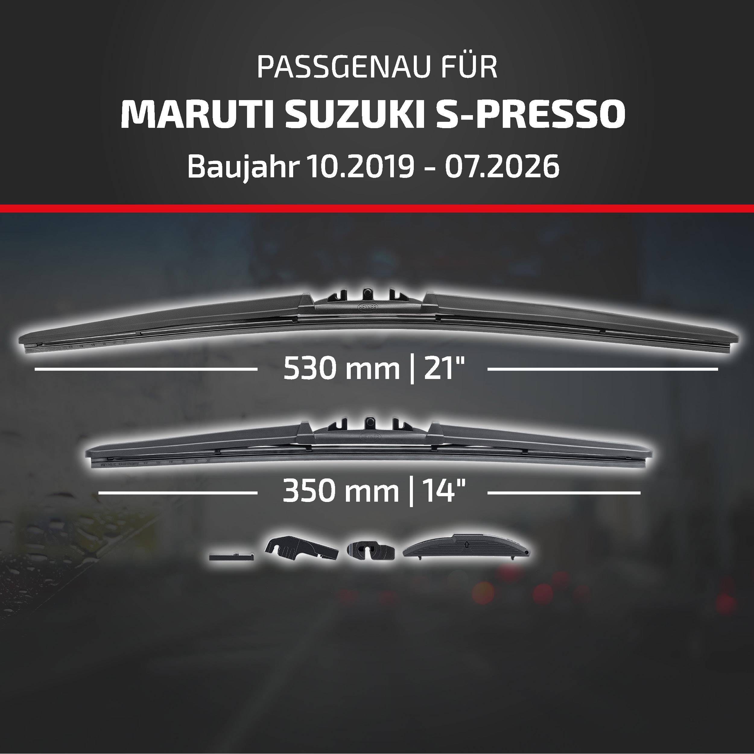 Werbegrafik für Maruti Suzuki S-Presso Wischblätter, mit Eignung für Modelljahre 10.2019-07.2026 und Größen 530 mm (21