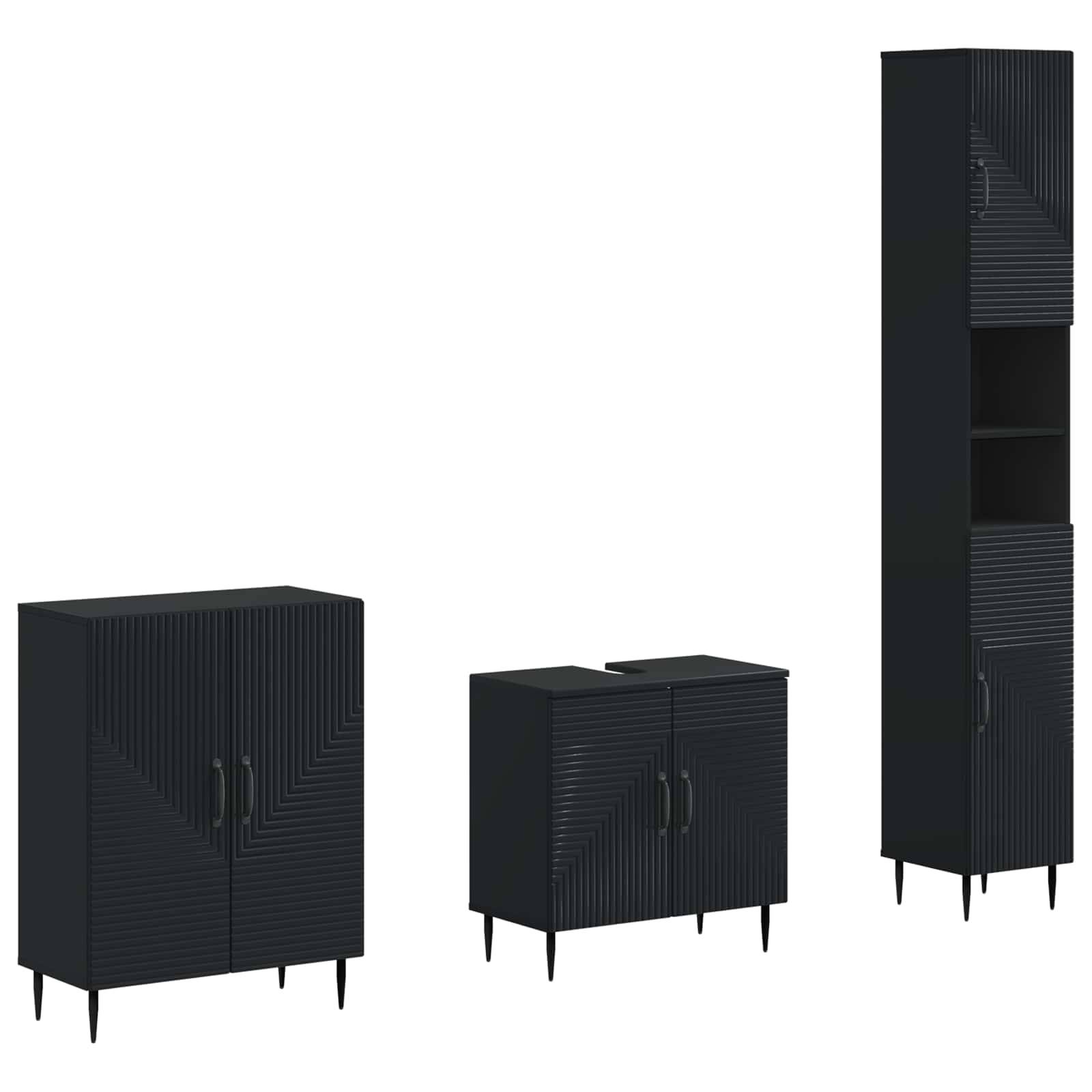 Drei schwarze gerippte Schranksysteme in verschiedenen Größen, jeweils auf schlanken Beinen: ein niedriger Schrank, ein Sideboard und ein hoher Schrank mit offenen Regalen.