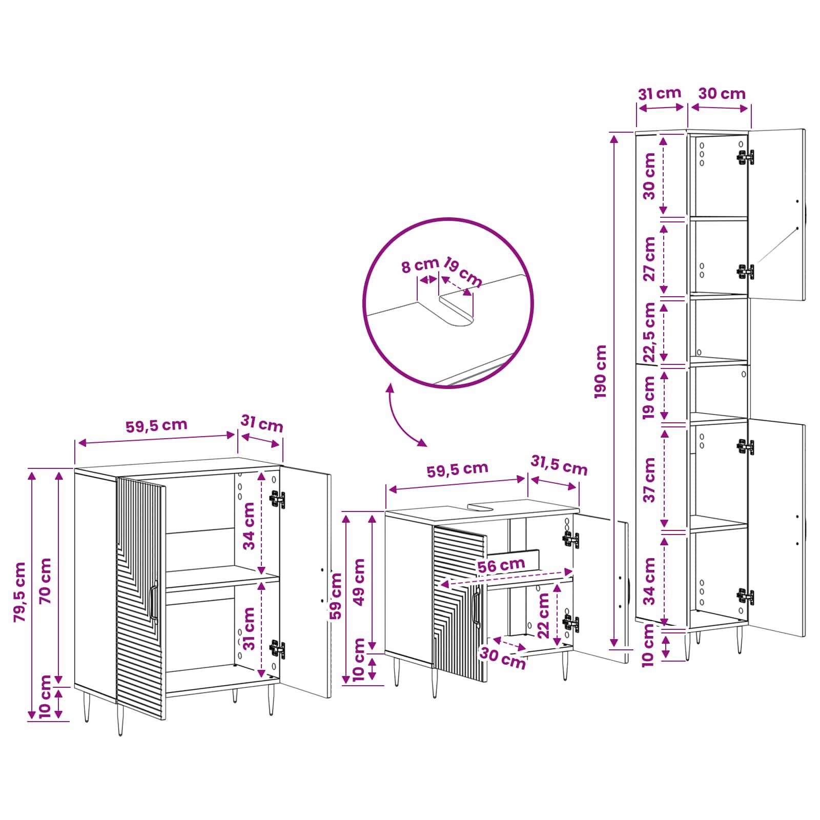 Anleitungsdiagramm für Möbel, das einen hohen Schrank mit Türen und Abmessungen in Zentimetern zeigt, sowie eine Nahaufnahme des Details des verstellbaren Regalschlitzes.