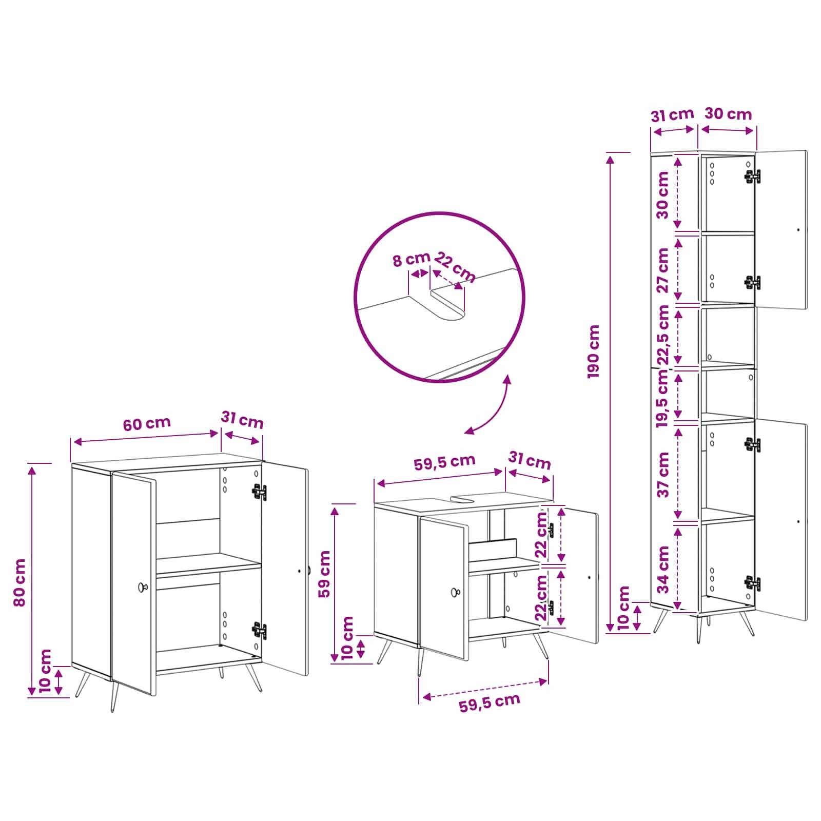 Möbeldimensionsdiagramm mit drei Schrankansichten: linker Schrank 60 cm breit, 80 cm hoch; mittlerer Schrank 59,5 cm breit, 59 cm hoch mit Schubladen; hoher Schrank 31 cm breit, 190 cm hoch mit Regalen und Türen.