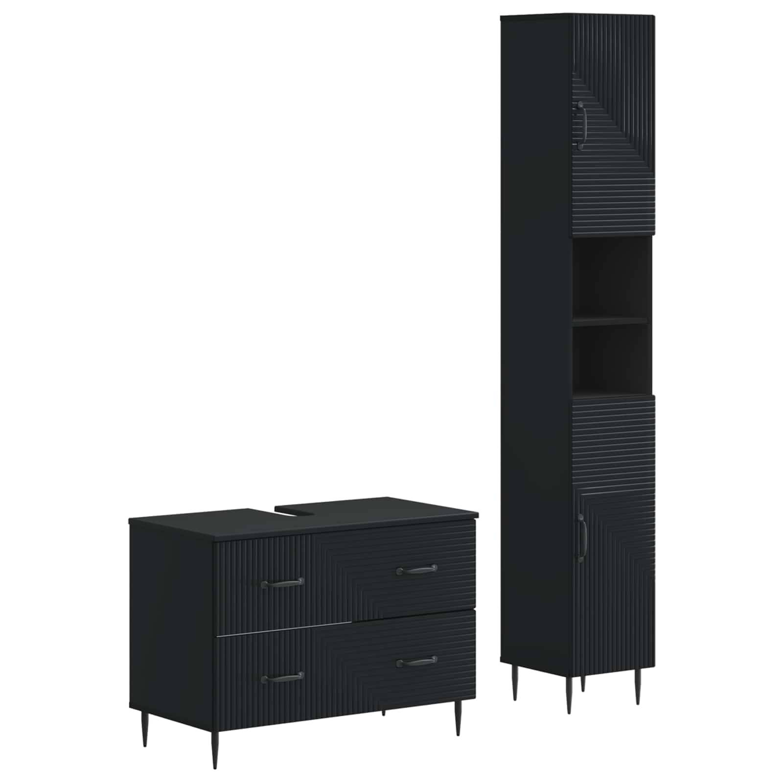 Modernes schwarzes Lamellenlager-Set: niedriger Schrank mit zwei Schubladen und hoher Schrank mit offenen Regalen und Türen auf dünnen Beinen vor weißem Hintergrund.