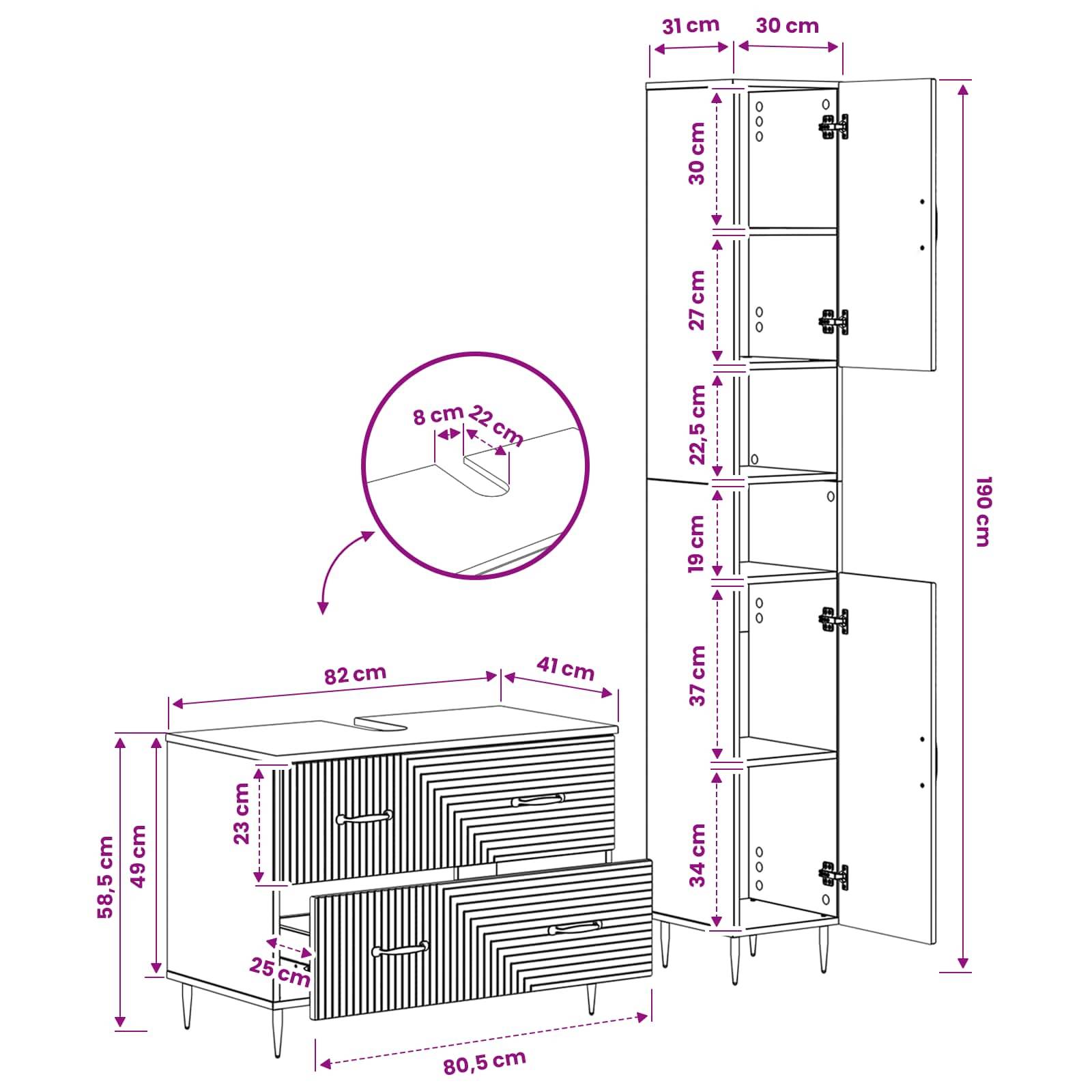 Technisches Möbeldiagramm mit einem hohen Schrank und einem niedrigen Sideboard mit Abmessungen in Zentimetern, einschließlich Türen-, Regal- und Griffmessungen.