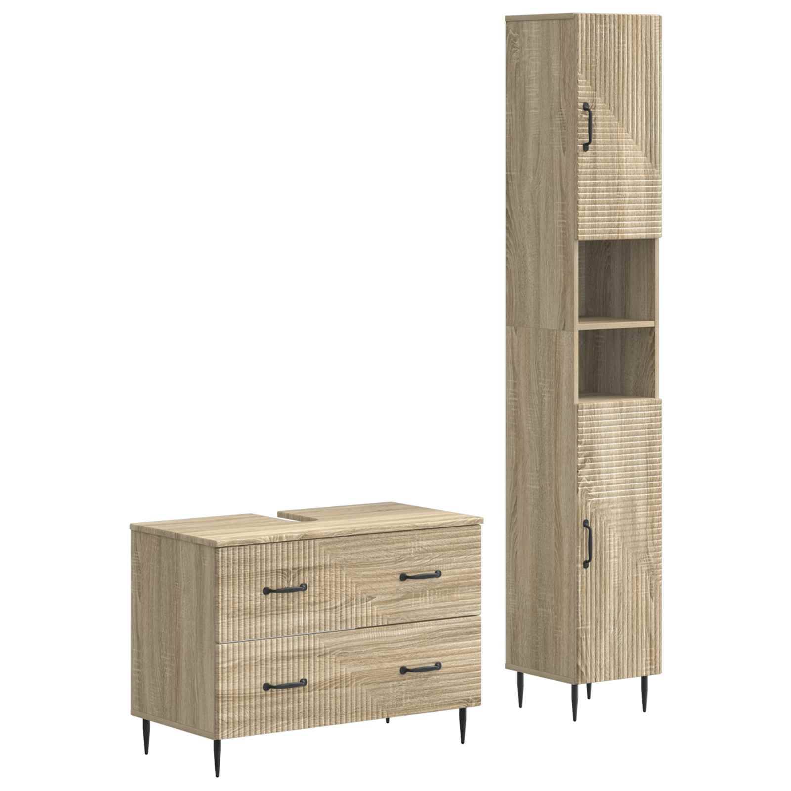 Helles Holz-Kommode und hoher Schrank mit schwarzen Griffen und schlanken Beinen, gezeigt als passendes Aufbewahrungsset auf weißem Hintergrund.