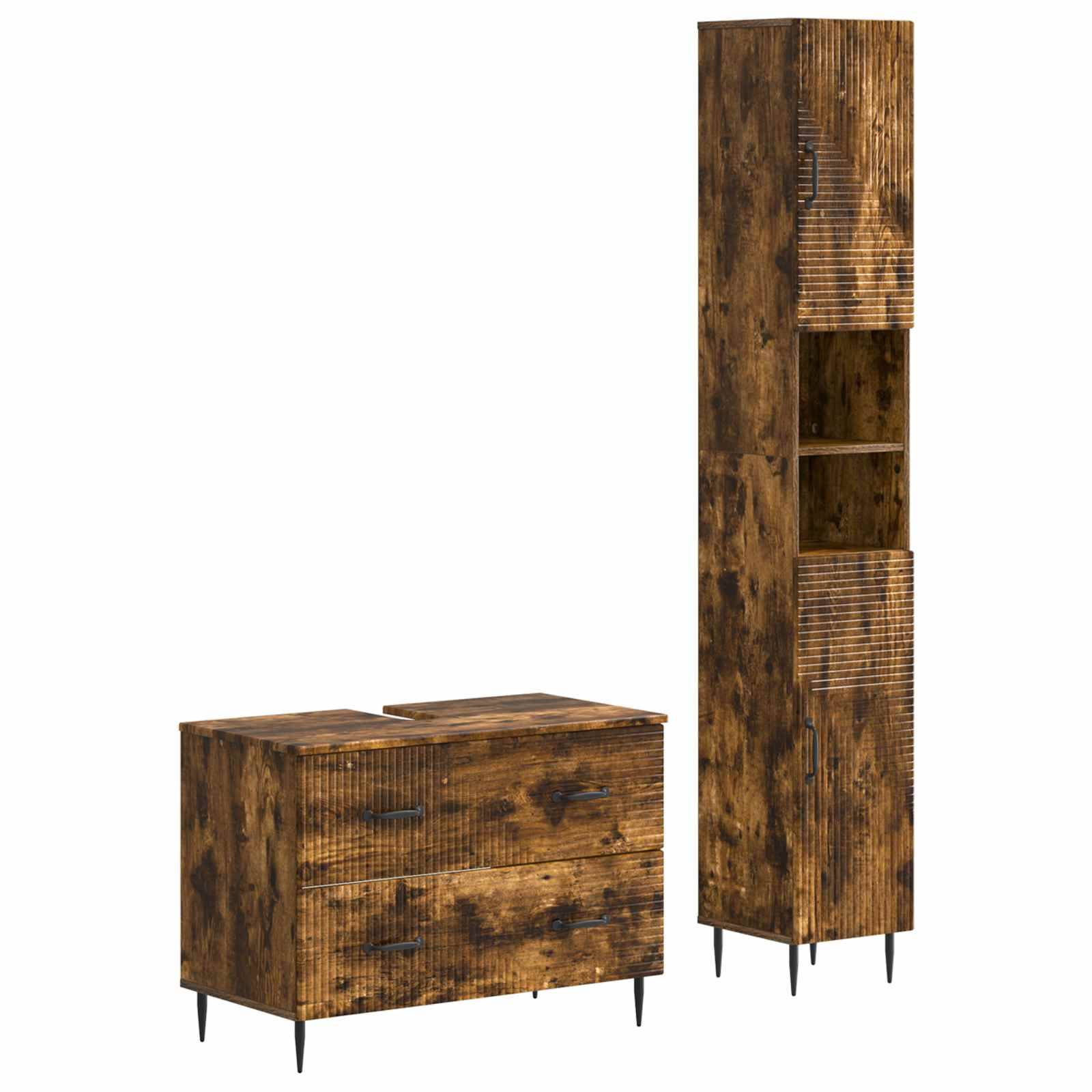 Rustikales Holzmöbel-Set: ein niedriger Schrank mit zwei Schubladen und ein hohes schmales Regalschrank mit offenen Fächern, beide auf Metallbeinen.