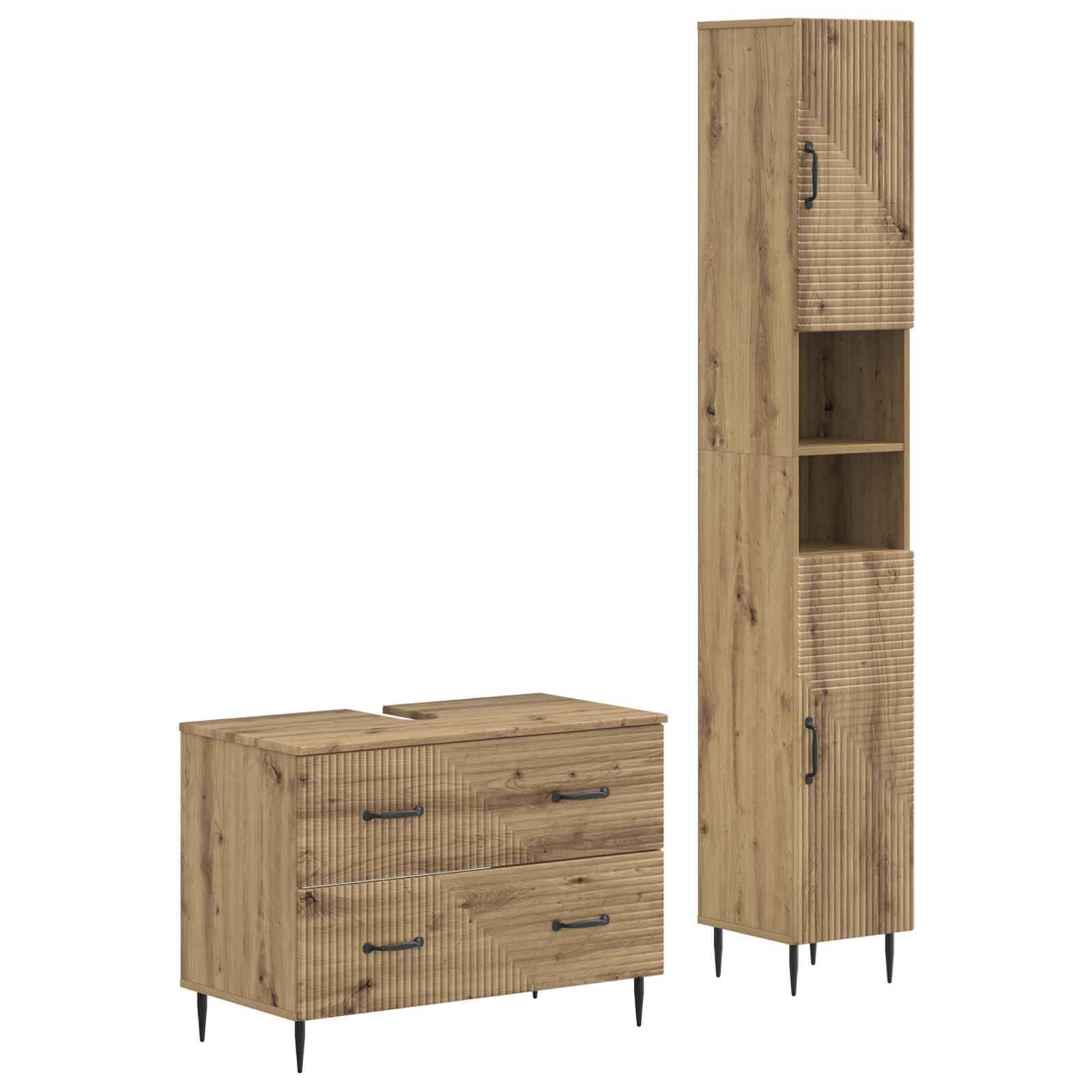 Helles Holzmöbel-Set mit einer niedrigen zweiteiligen Kommode und einem hohen Schrankschrank mit Türen und offenen Fächern auf schwarzen Beinen.