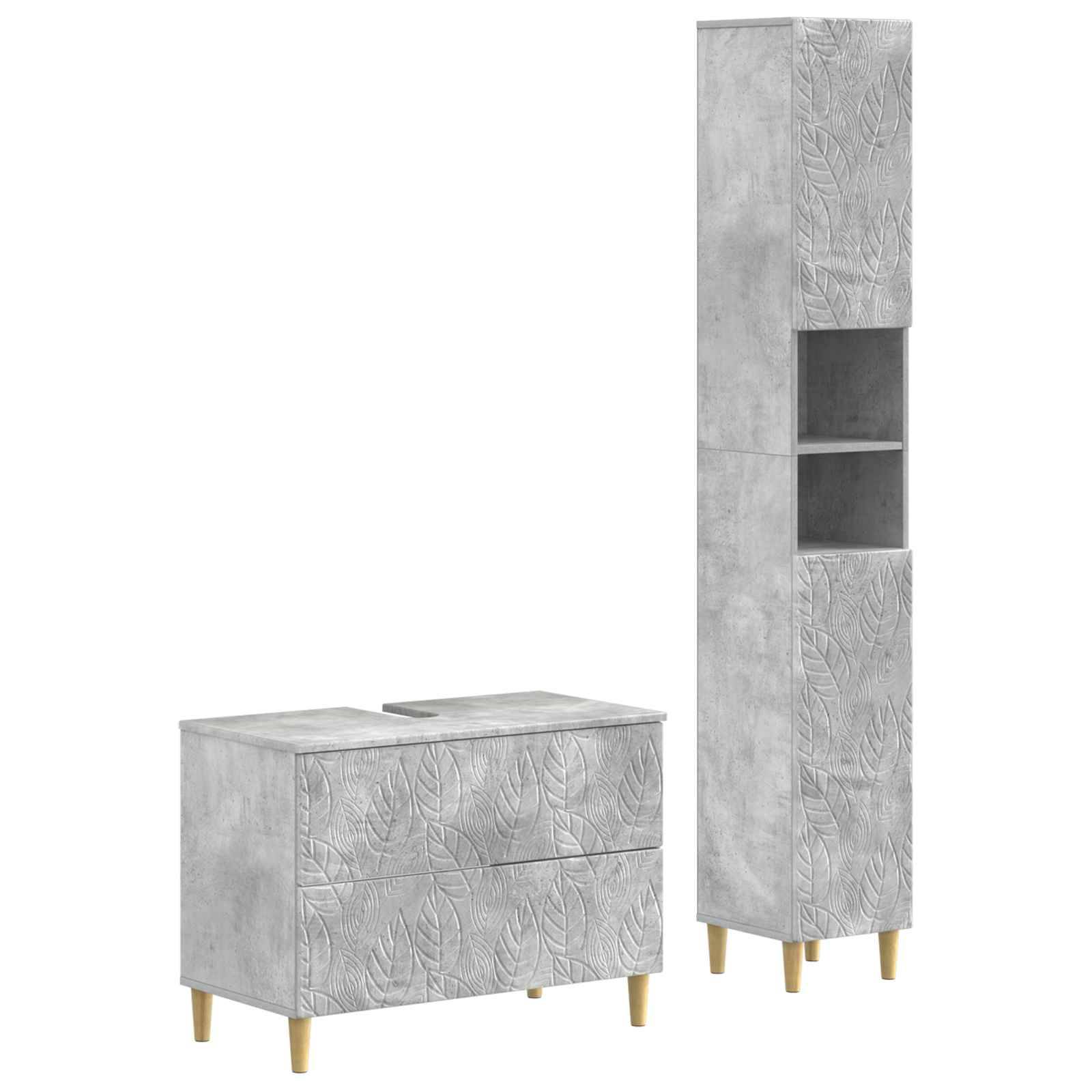 Graublaues Badezimmerschrank-Set mit Blattmuster, bestehend aus einem niedrigen Waschtisch mit zwei Schubladen und einem hohen Lagerschrank mit offenen Regalen, beide auf goldenen Beinen.