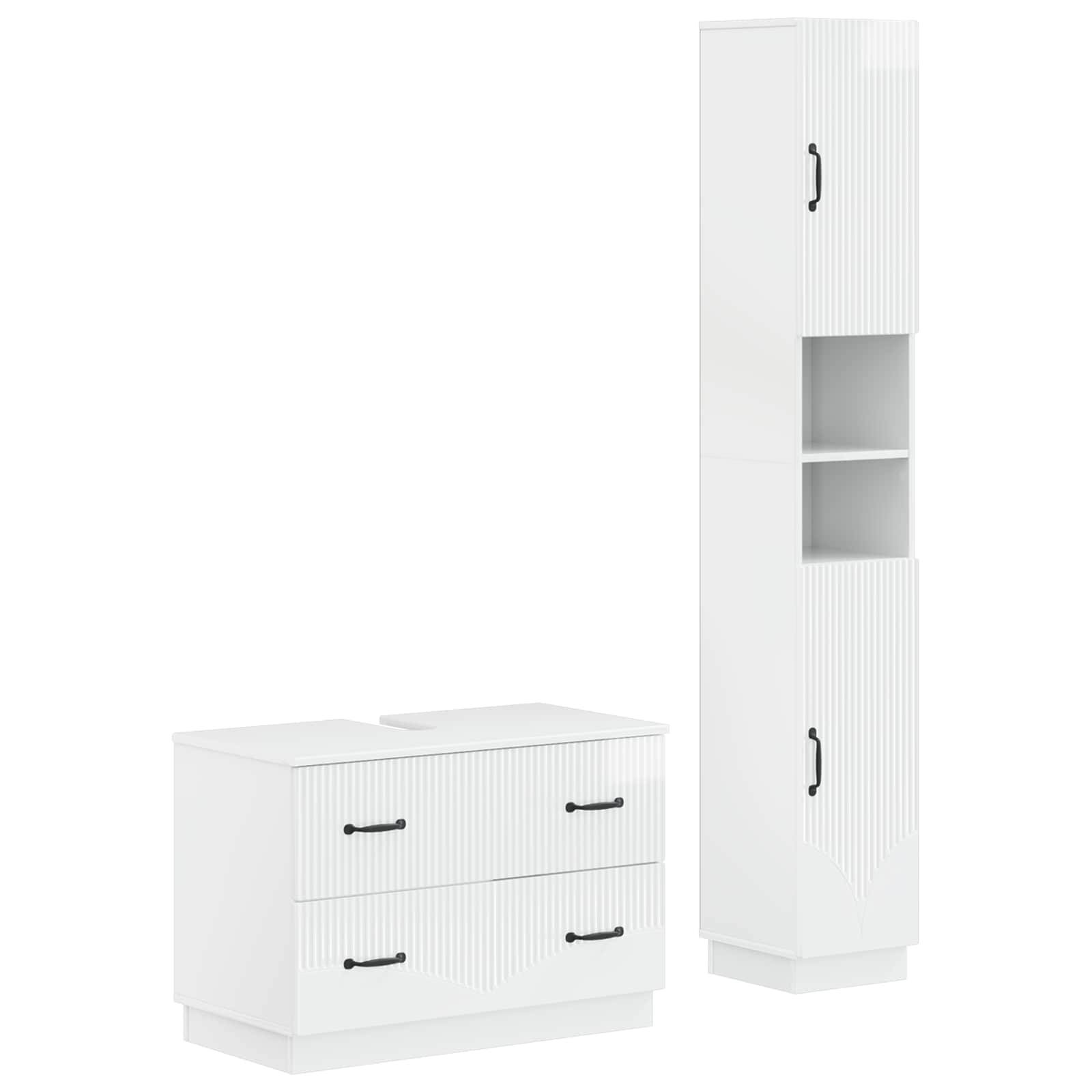 Weiße Badezimmerstorage-Set mit einem Zweischrank-Schrank und einem hohen Schrank mit zwei offenen Regalen und zwei Türen
