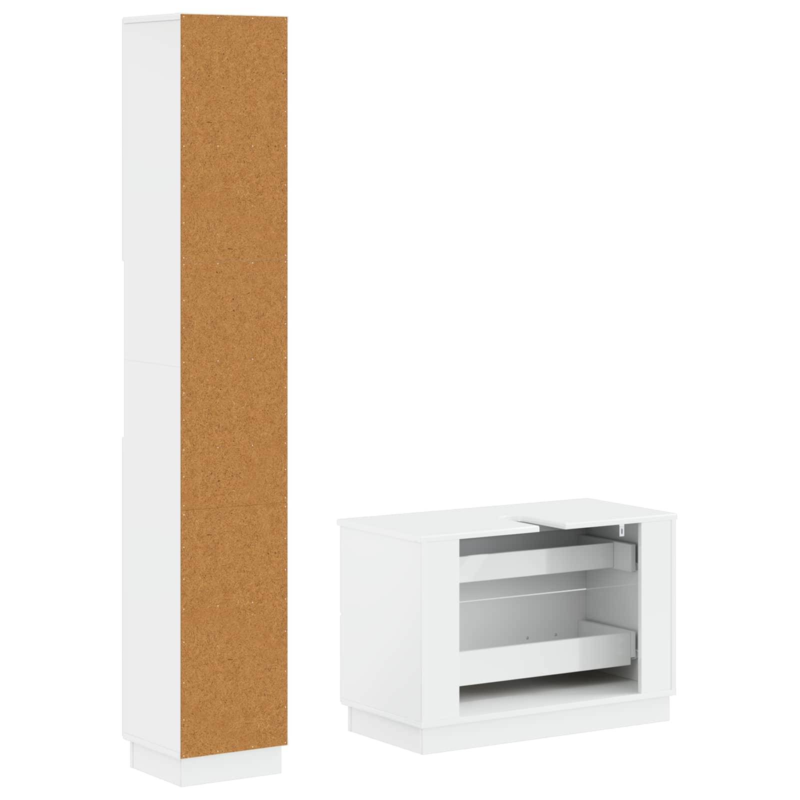 Weißer modularer Lagerschrank mit einer offenen Schublade und einem hohen passenden Paneel, gezeigt vor weißem Hintergrund.