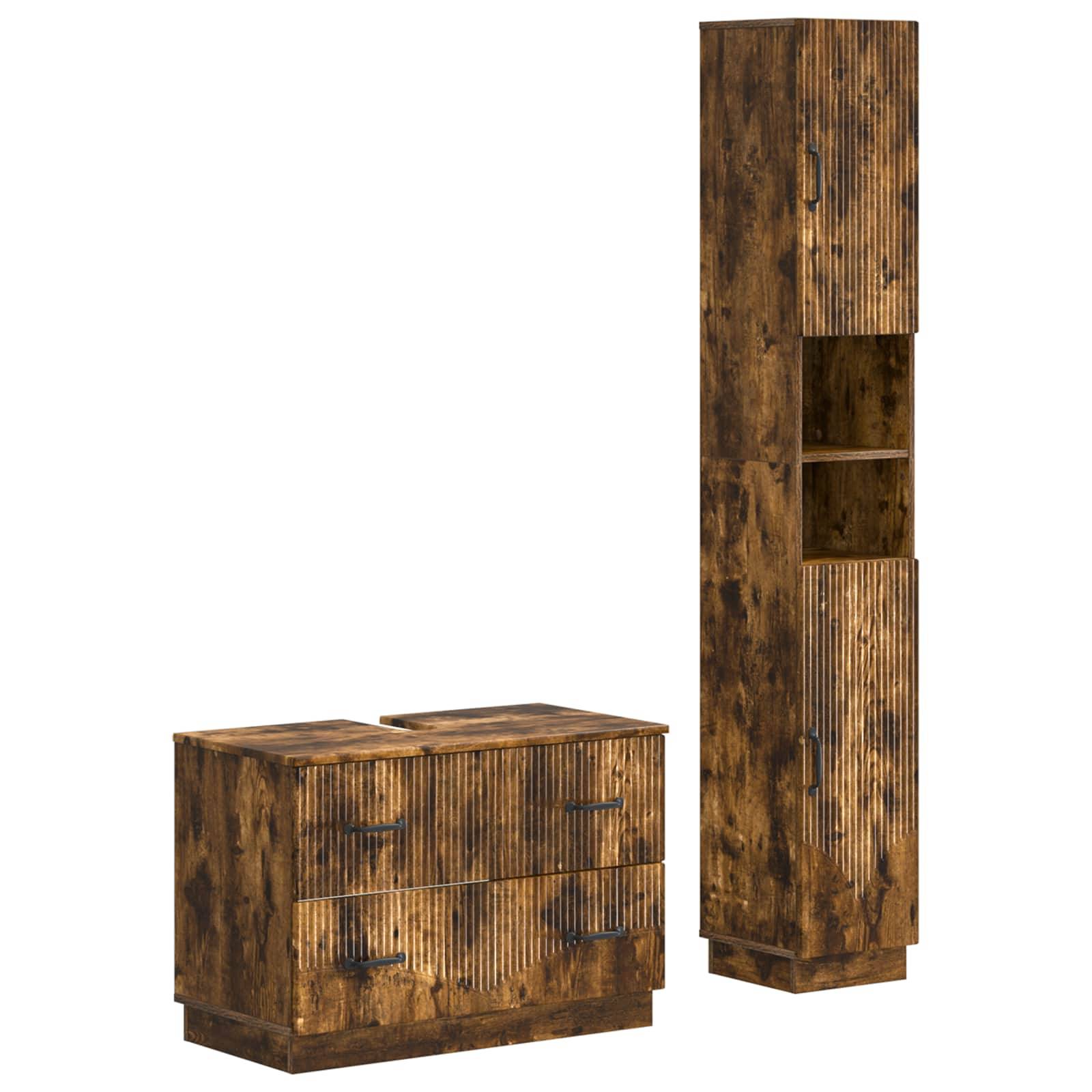 Rustikales Holzmöbel-Set mit einem niedrigen Schrank mit zwei Schubladen und einem hohen Aufbewahrungsturm mit offener Ablage und Türen.