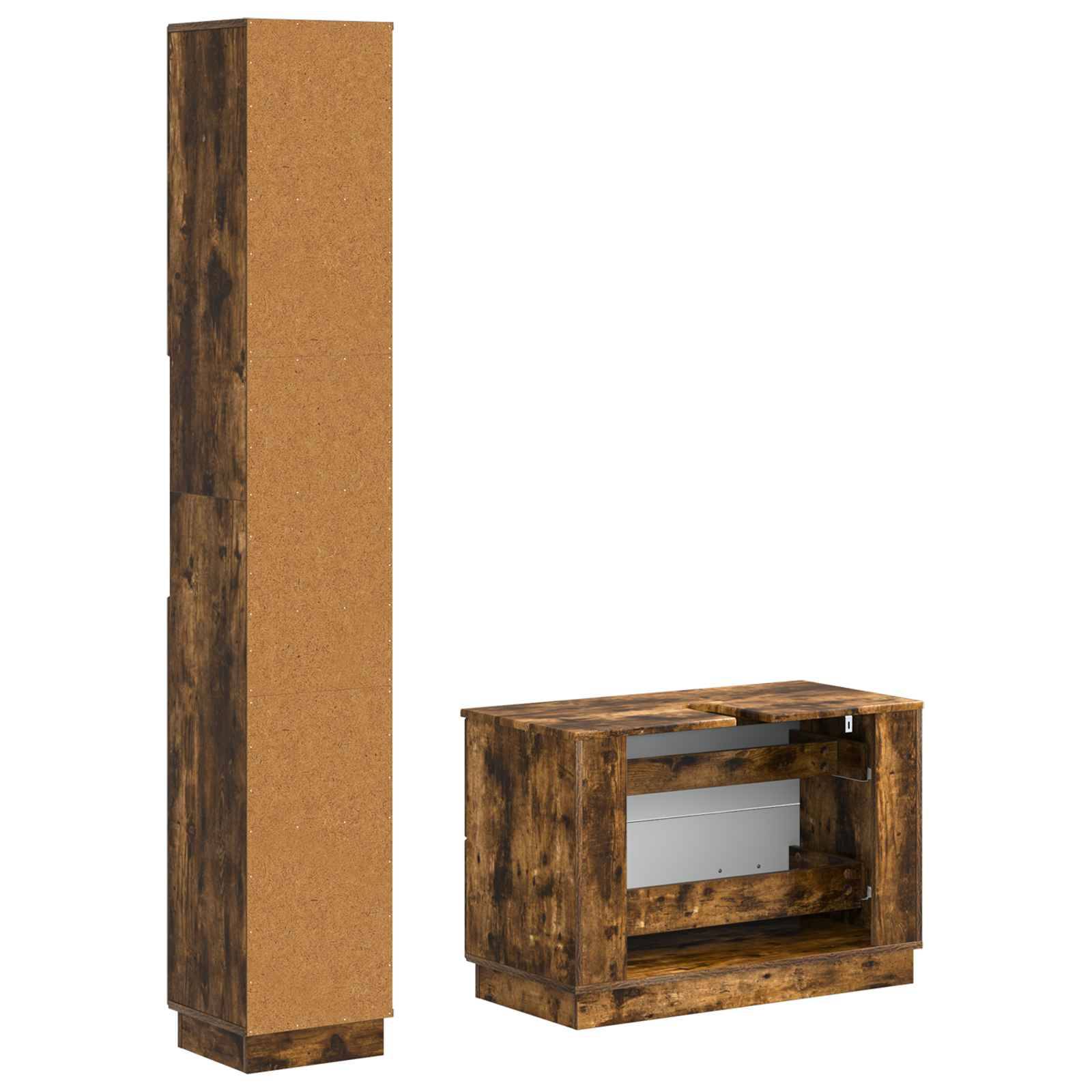 Holzmöbelset mit einem hohen Schrank und einer niedrigen offenen Lagereinheit auf weißem Hintergrund.