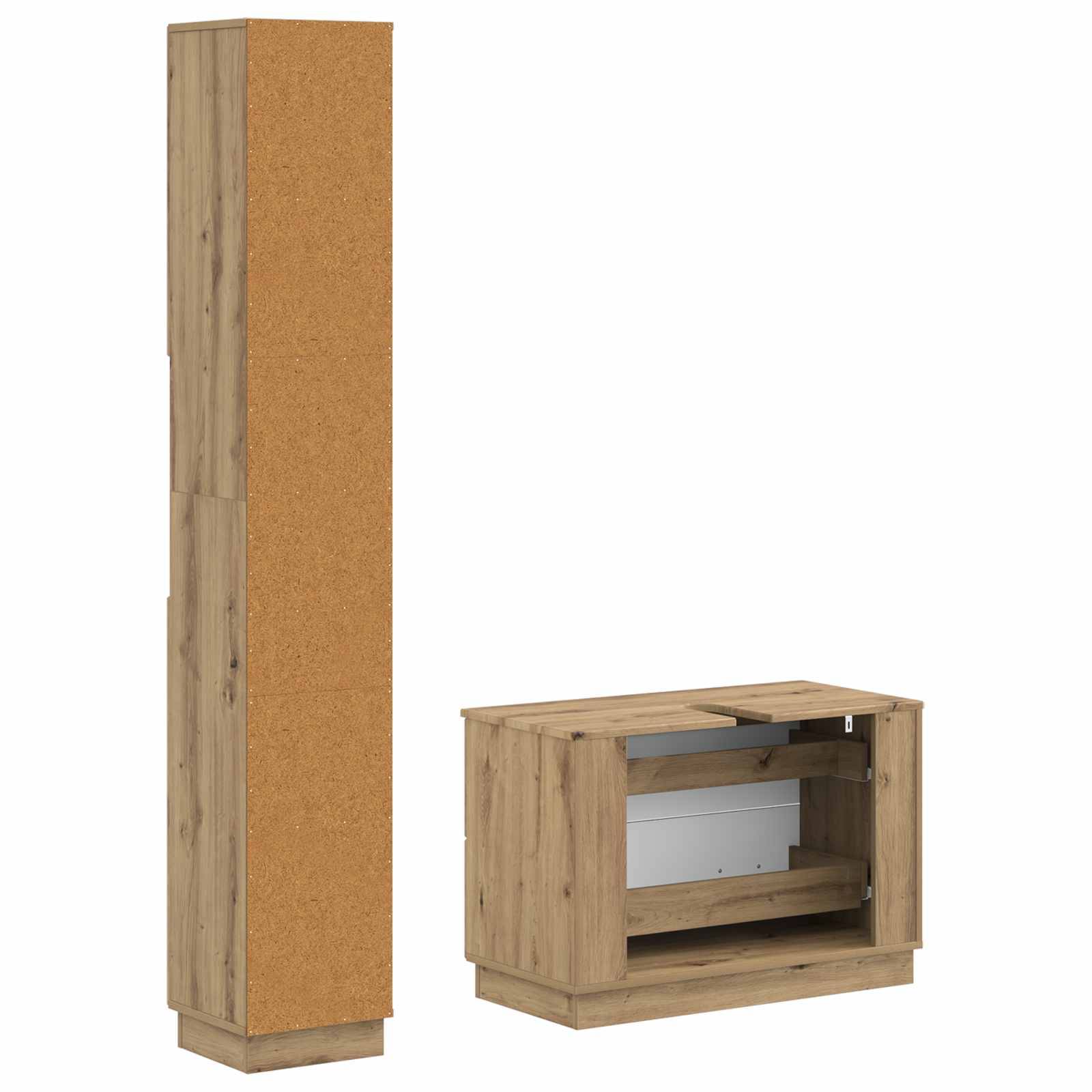 Holzlagerschrank in zwei Ansichten gezeigt: hohes geschlossenes aufrechtes Möbelstück und niedriges offenes Schrank mit sichtbaren Regalen und innerer Abteilung.