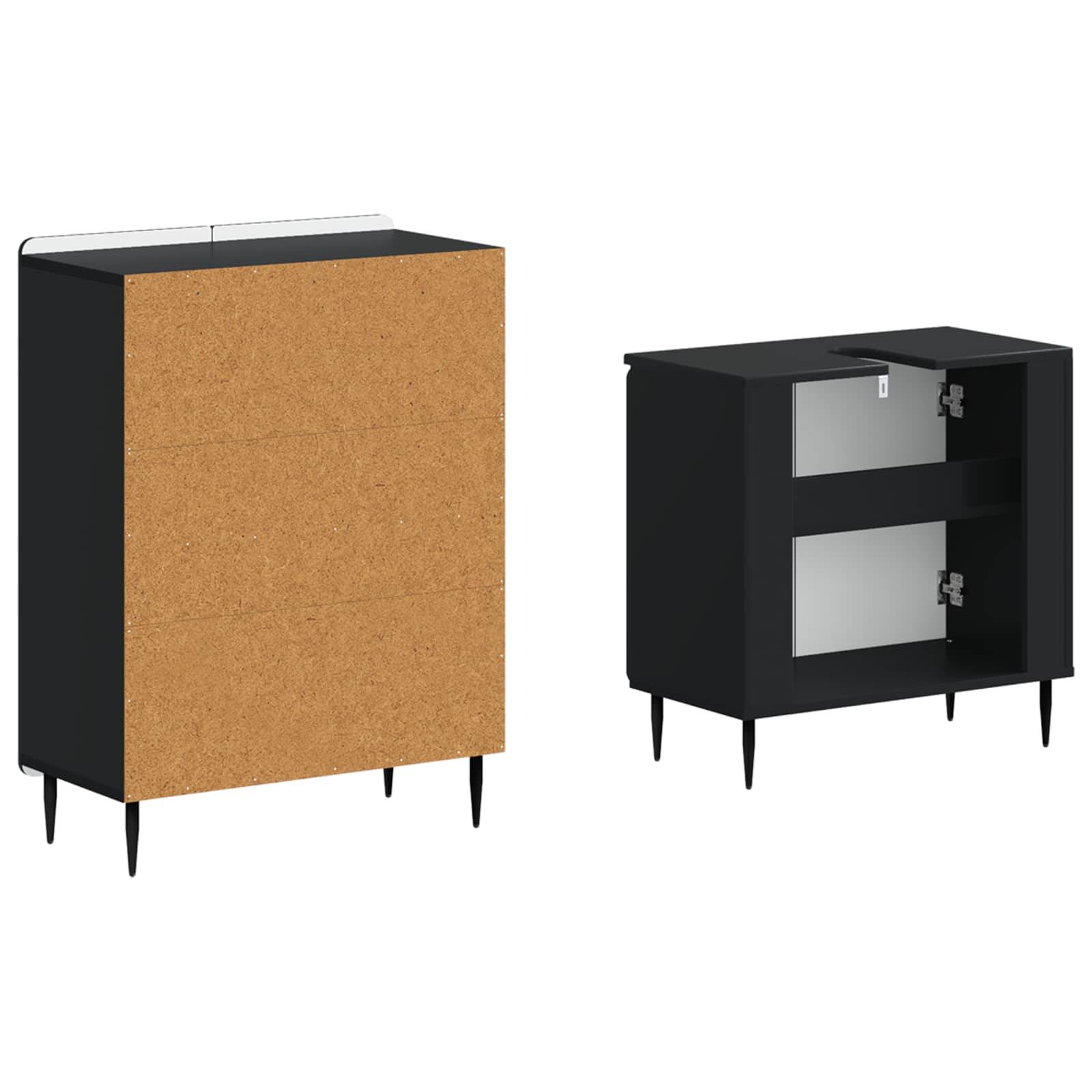Schwarzes Mid-Century-Sideboard mit verjüngten Beinen, auf einer Seite geschlossen und auf der anderen Seite offen gezeigt, mit zwei Regalen und Innentüren