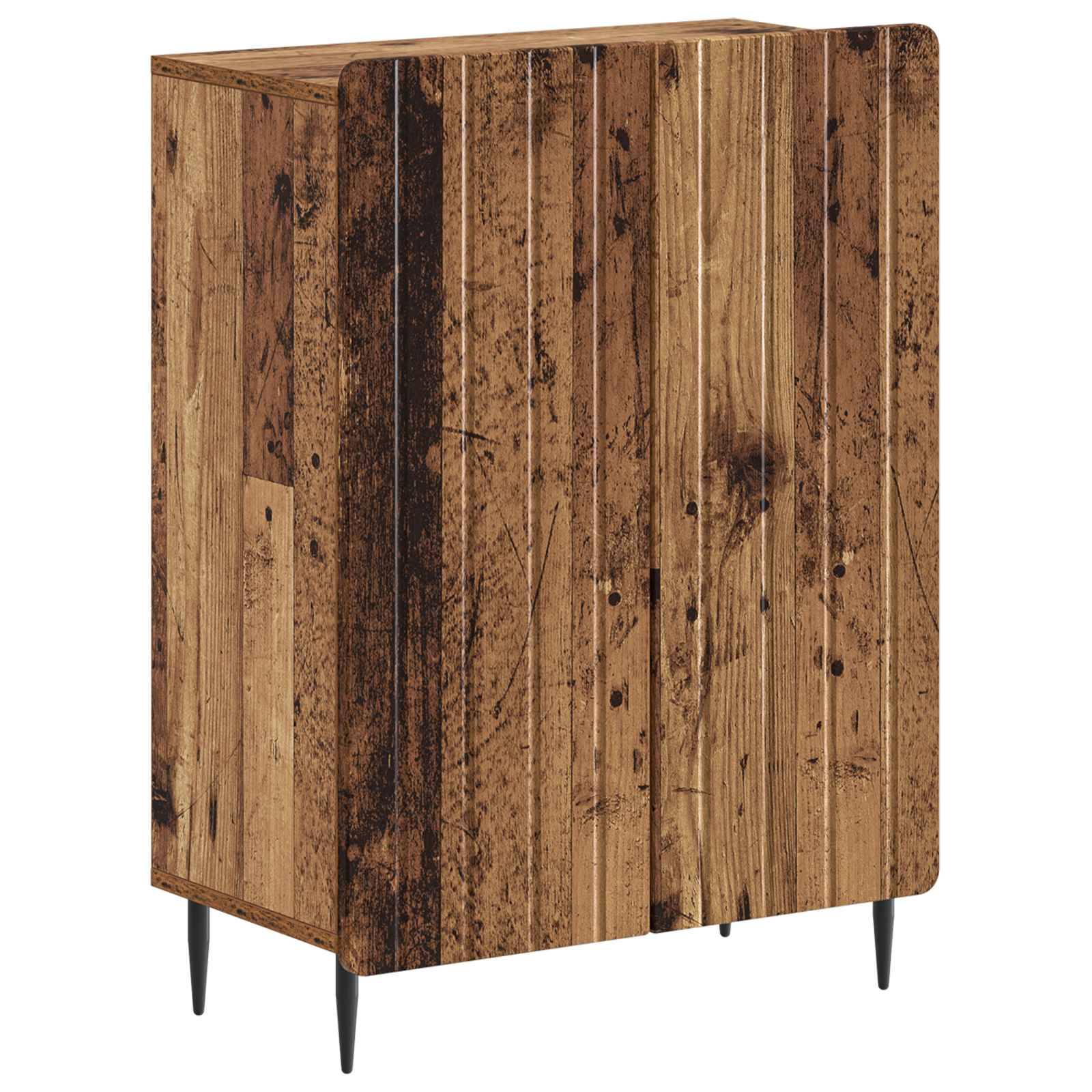 Hoher rustikaler Holzschrank mit vertikalen Bretterpaneelen und schwarzen verjüngten Beinen auf weißem Hintergrund.
