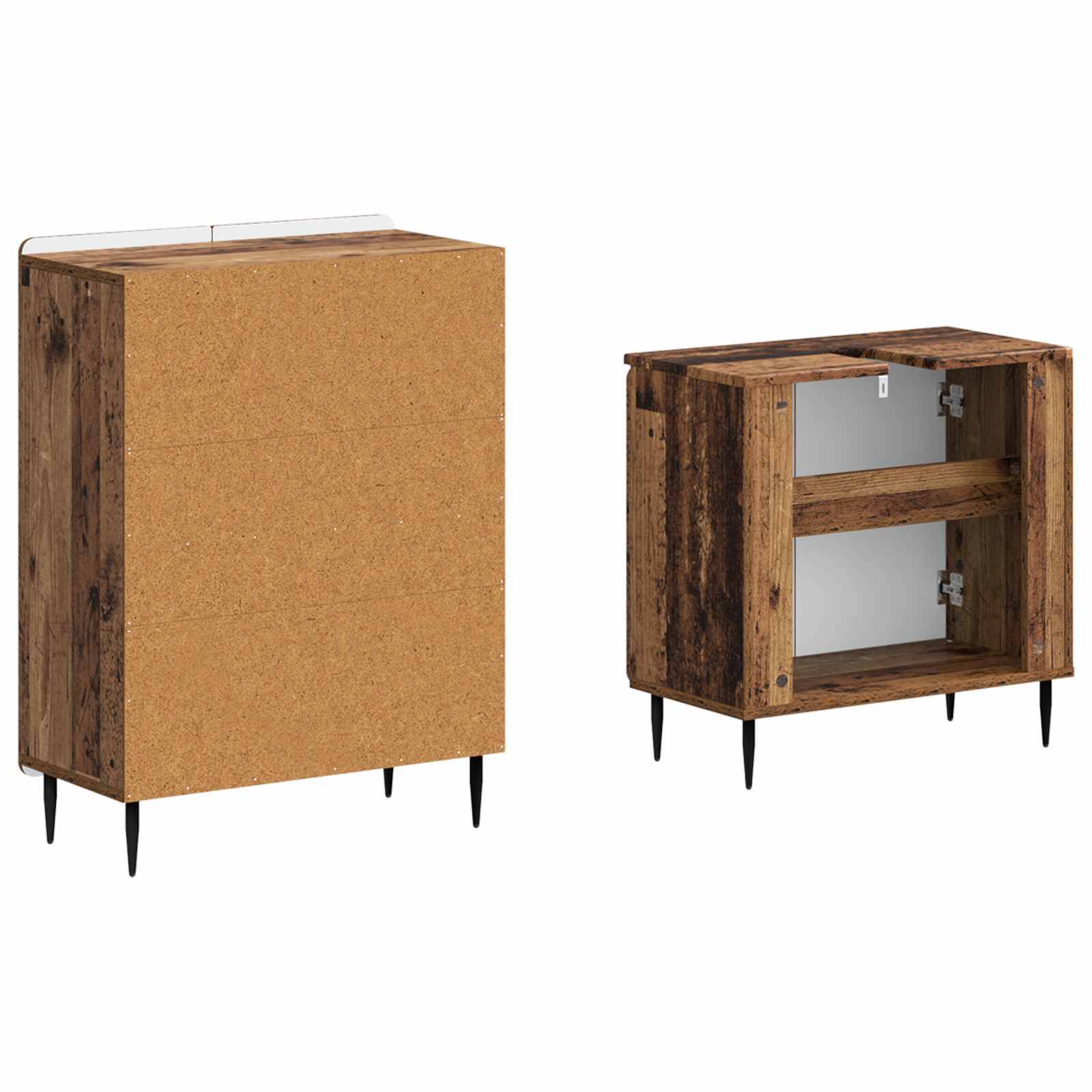 Holzschrank, geschlossen und offen gezeigt, mit korkähnlicher Front, dunklen Holzseiten und zwei Regalen innen auf verjüngten schwarzen Beinen.