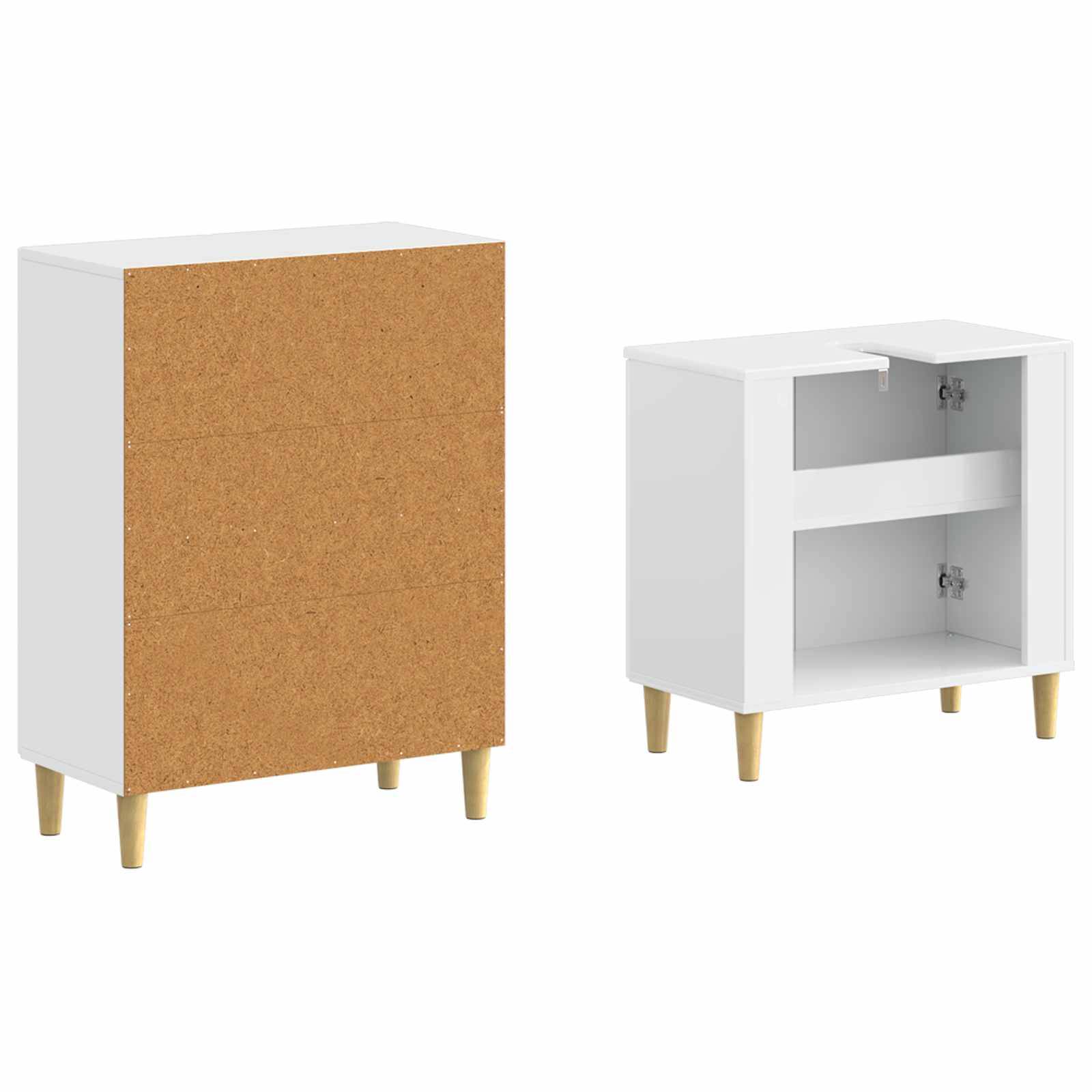 Weißer zweitüriger Schrank mit Korkfronttür und verjüngten Holzbeinen, links geschlossen und rechts offen dargestellt, um Regale und Stauraum zu zeigen.