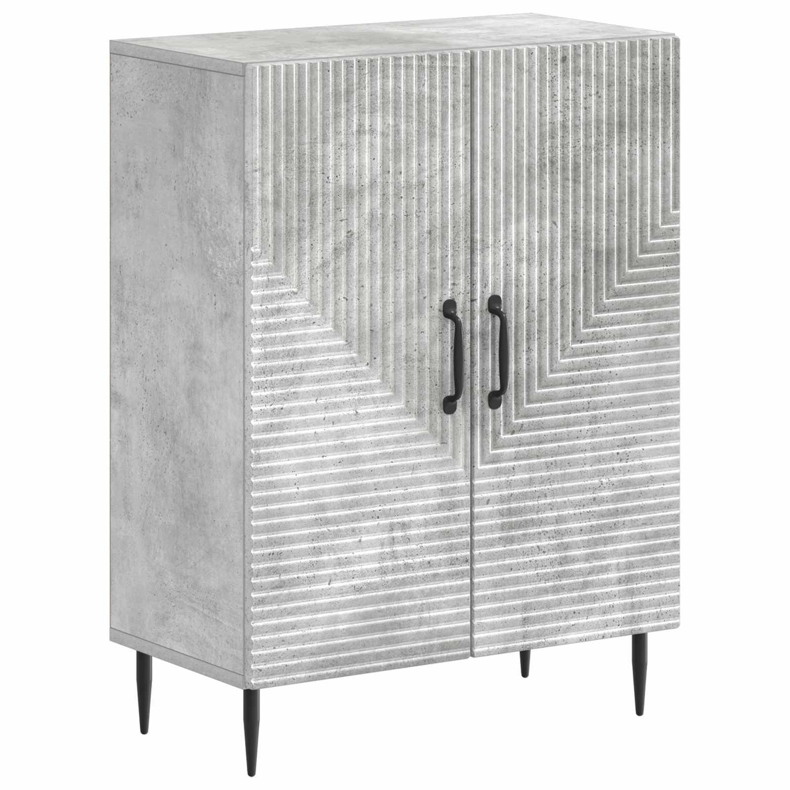 Moderner grauer Schrank mit zwei schwarzen Griffen, strukturierten geometrischen Frontpaneelen und vier konischen Beinen.
