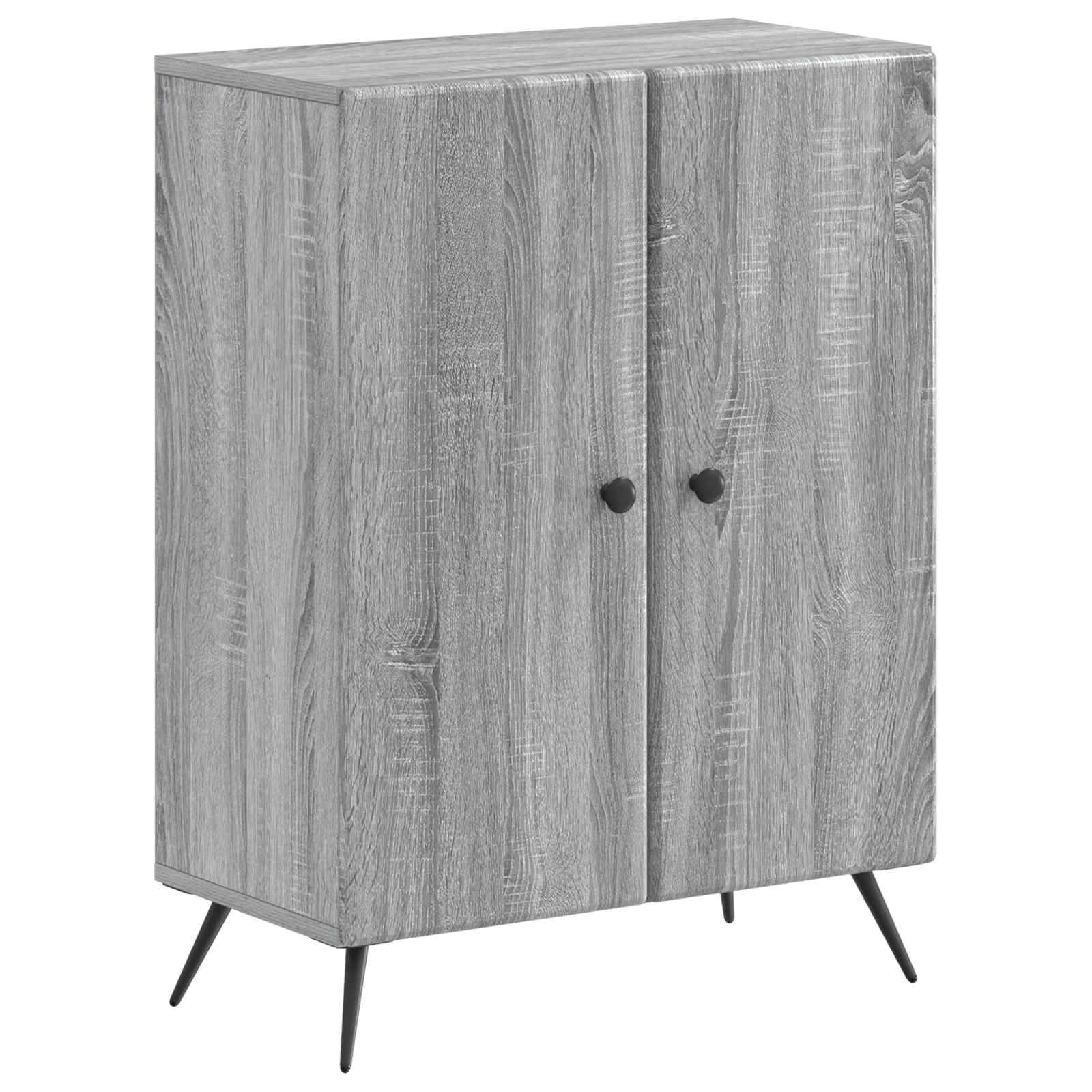 Grauer Speicherschrank mit Holzmaserung, zwei Türen, schwarze Griffe und schräge schwarze Beine, vor weißem Hintergrund abgebildet.