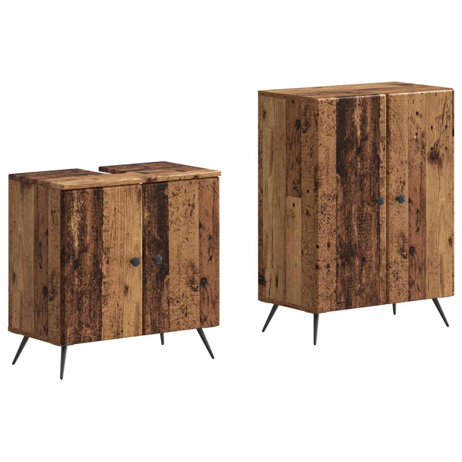 Zwei rustikale Holzschränke mit Doppeltüren und Metallbeinen, dargestellt in zwei Größen auf weißem Hintergrund.
