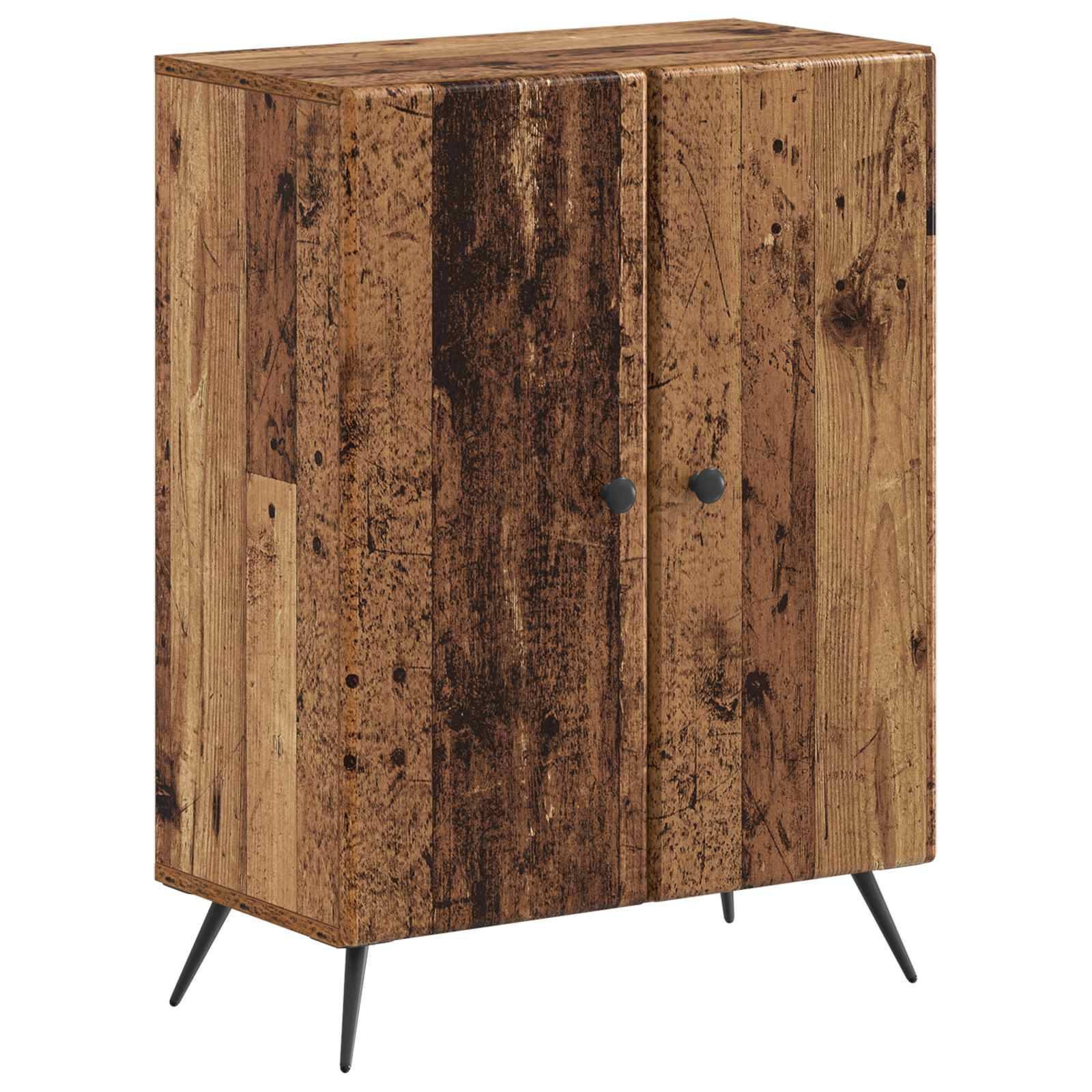 Rustikaler Holzschrank mit Doppeltüren und schwarzen konischen Beinen, gezeigt auf einem einfachen weißen Hintergrund.