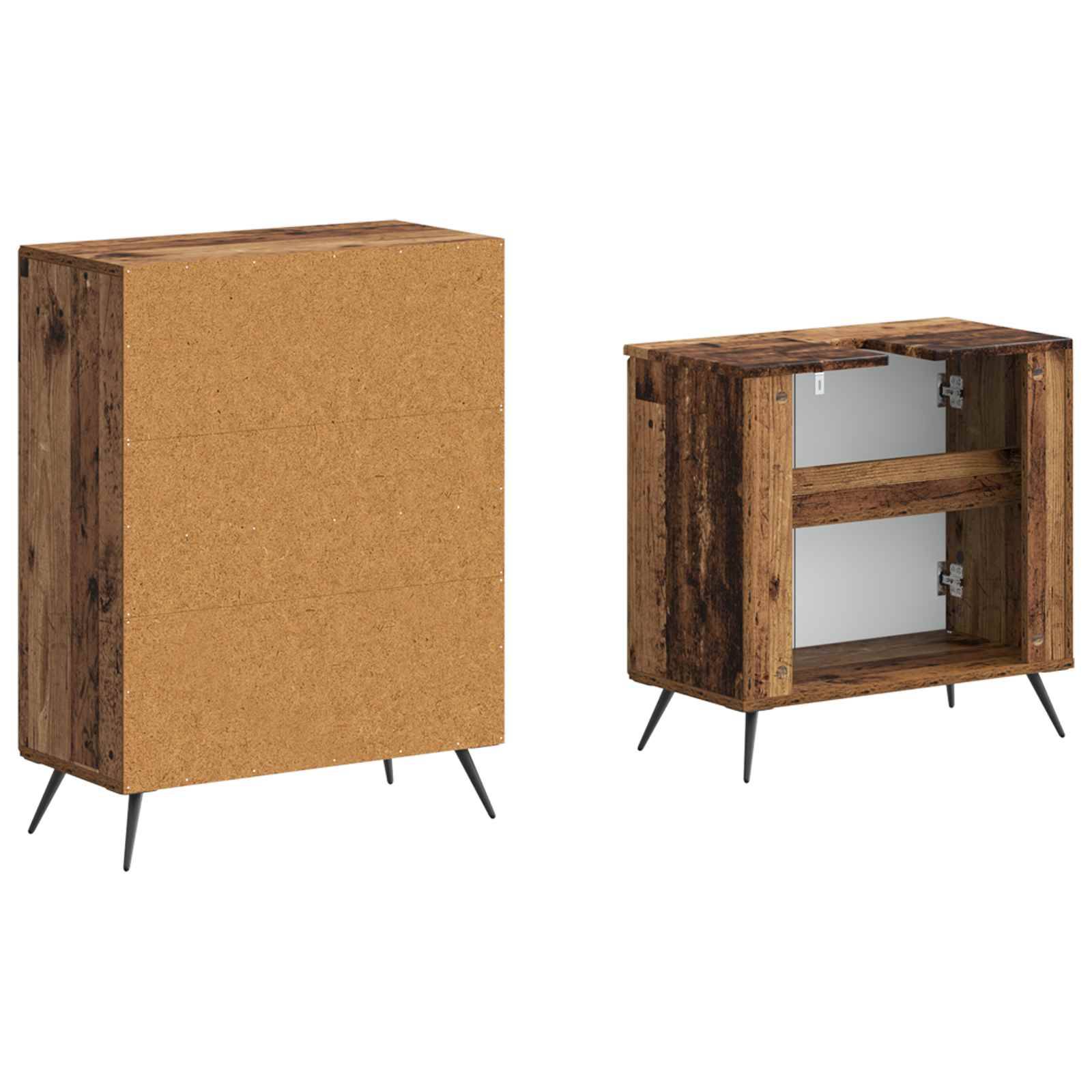 Holzschrank auf verjüngten Metallbeinen, geschlossen und offen dargestellt, mit einem einzelnen Regal im Inneren.