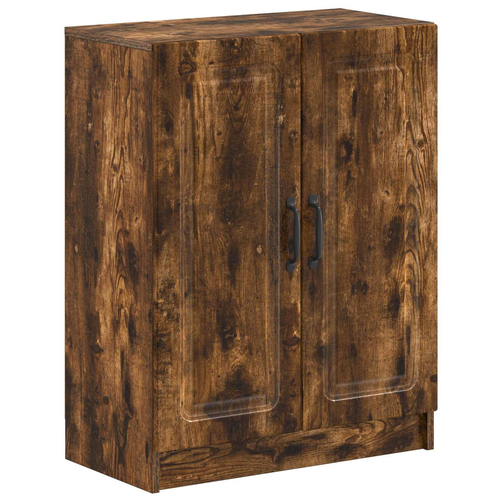 Holzschrank mit zwei Türen, dunklem rustikalem Finish und schwarzen Griffen, vor weißem Hintergrund abgebildet.