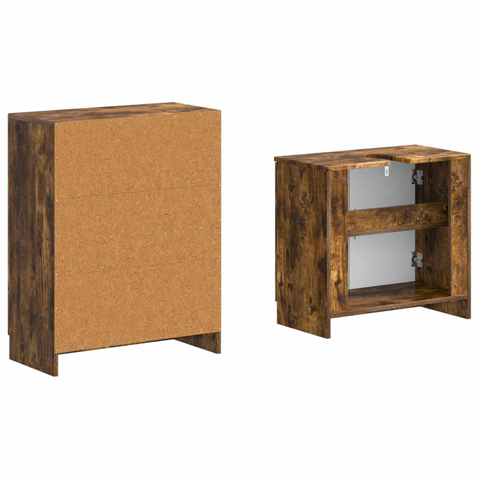 Holzschrank von vorne und hinten gezeigt: linke Seite mit geschlossenem Paneel, rechte Seite mit offenem Inneren mit Regal und Scharnieren.