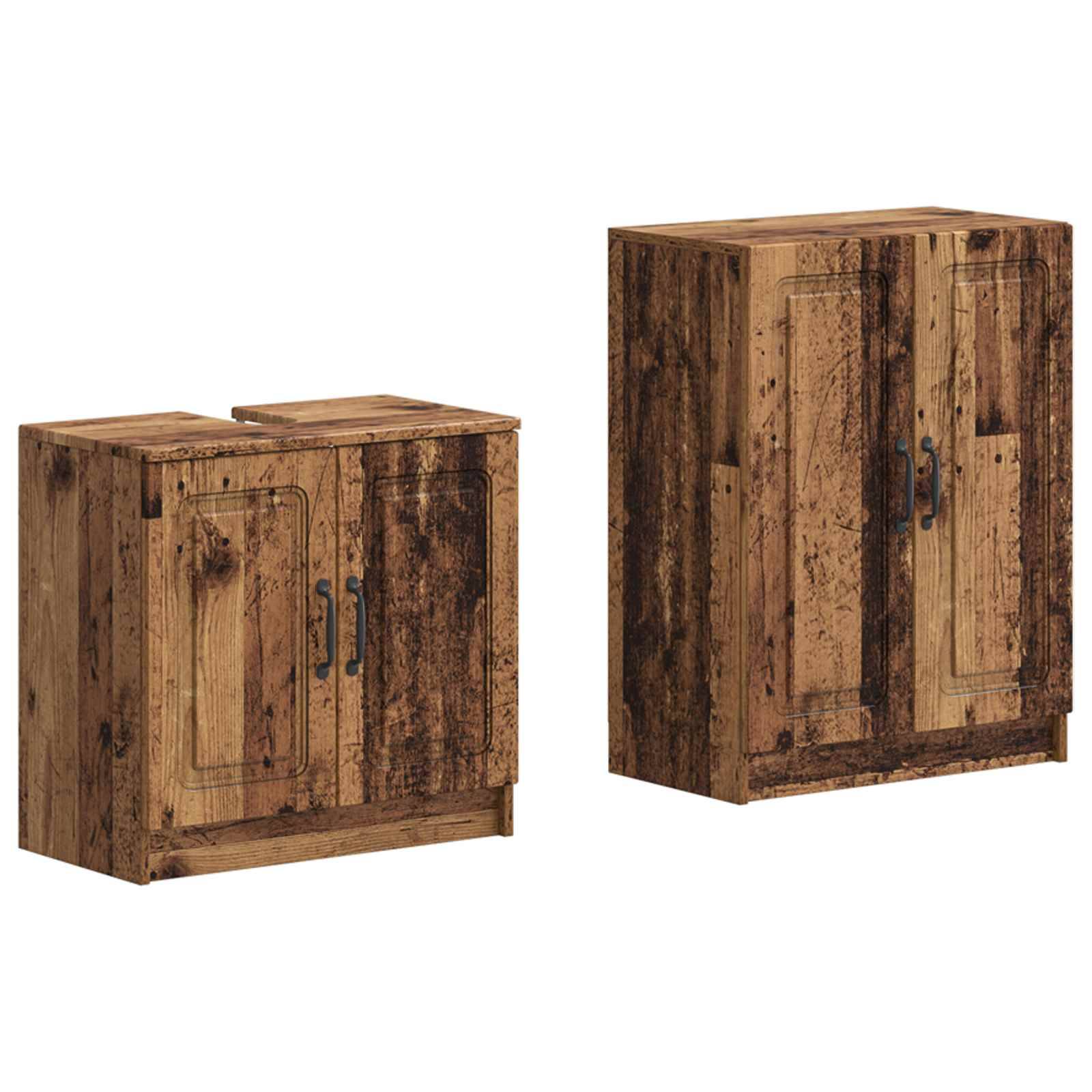 Zwei rustikale Holzschränke in verschiedenen Höhen, jeweils mit doppelten Frontdoppeltüren und dunklen Metallgriffen auf weißem Hintergrund.