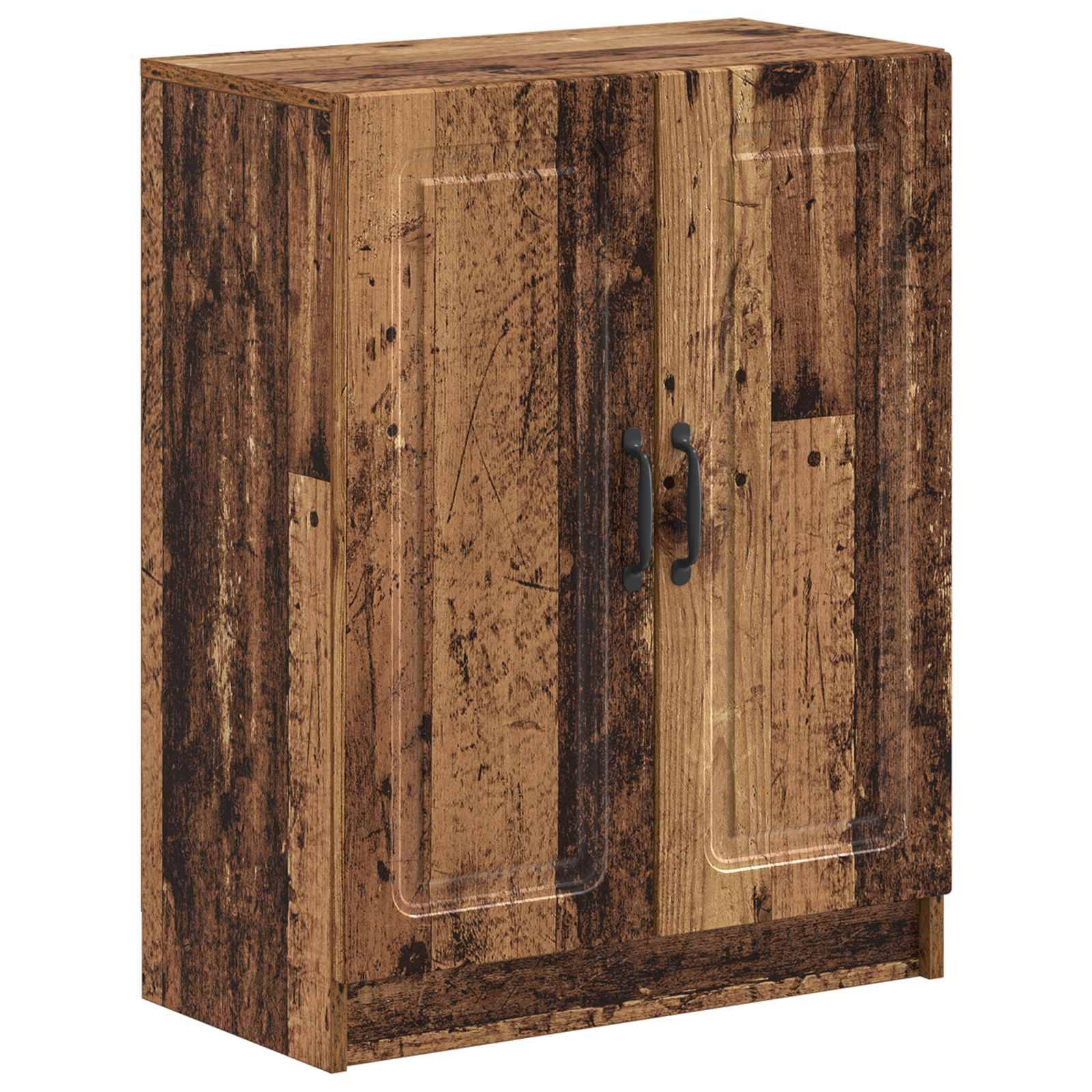 Rustikaler Holzschrank mit zwei Türen und dunklen Metallgriffen, dargestellt vor einem einfachen weißen Hintergrund.