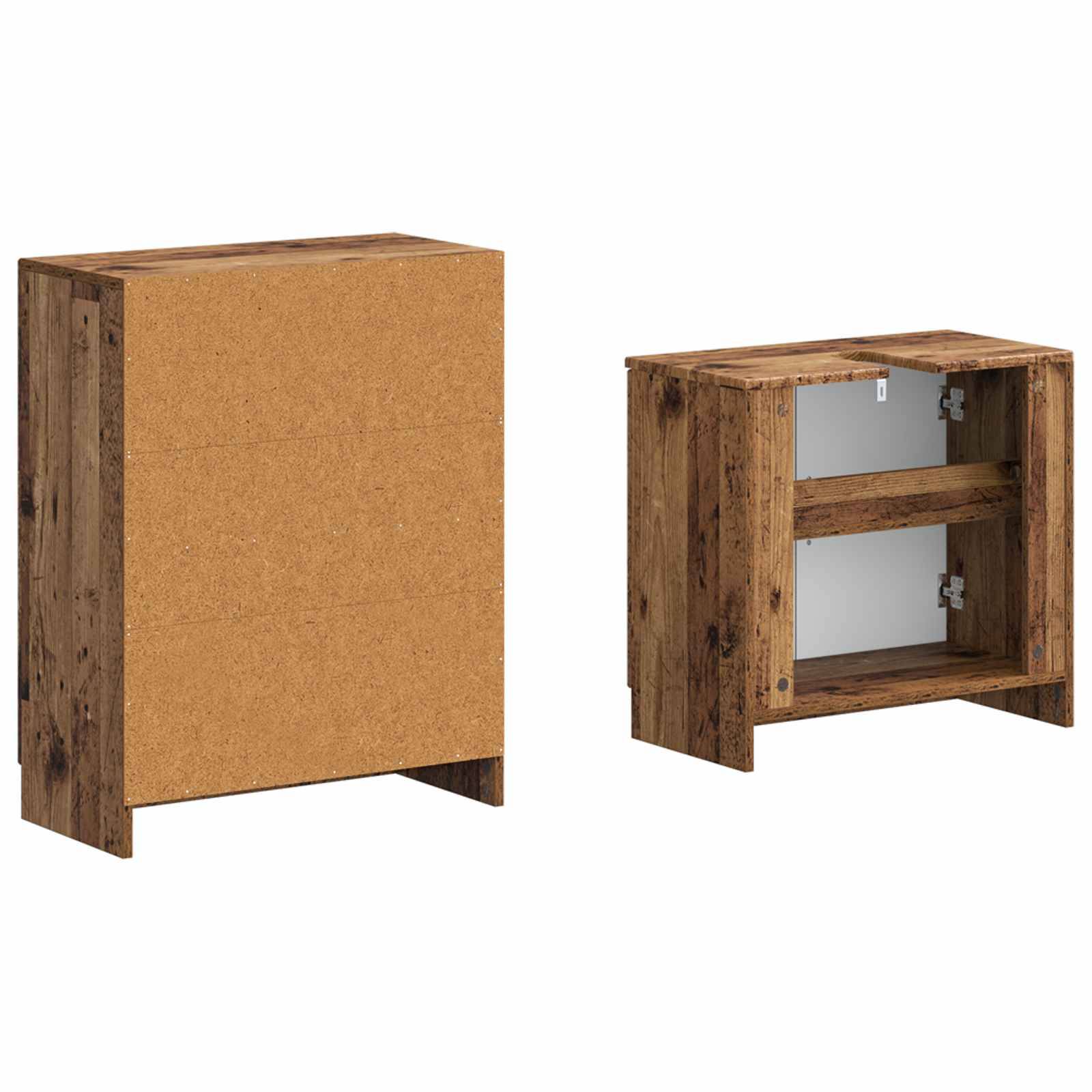 Holzschrank, geschlossen und geöffnet dargestellt, wobei ein Regal im Inneren sichtbar ist