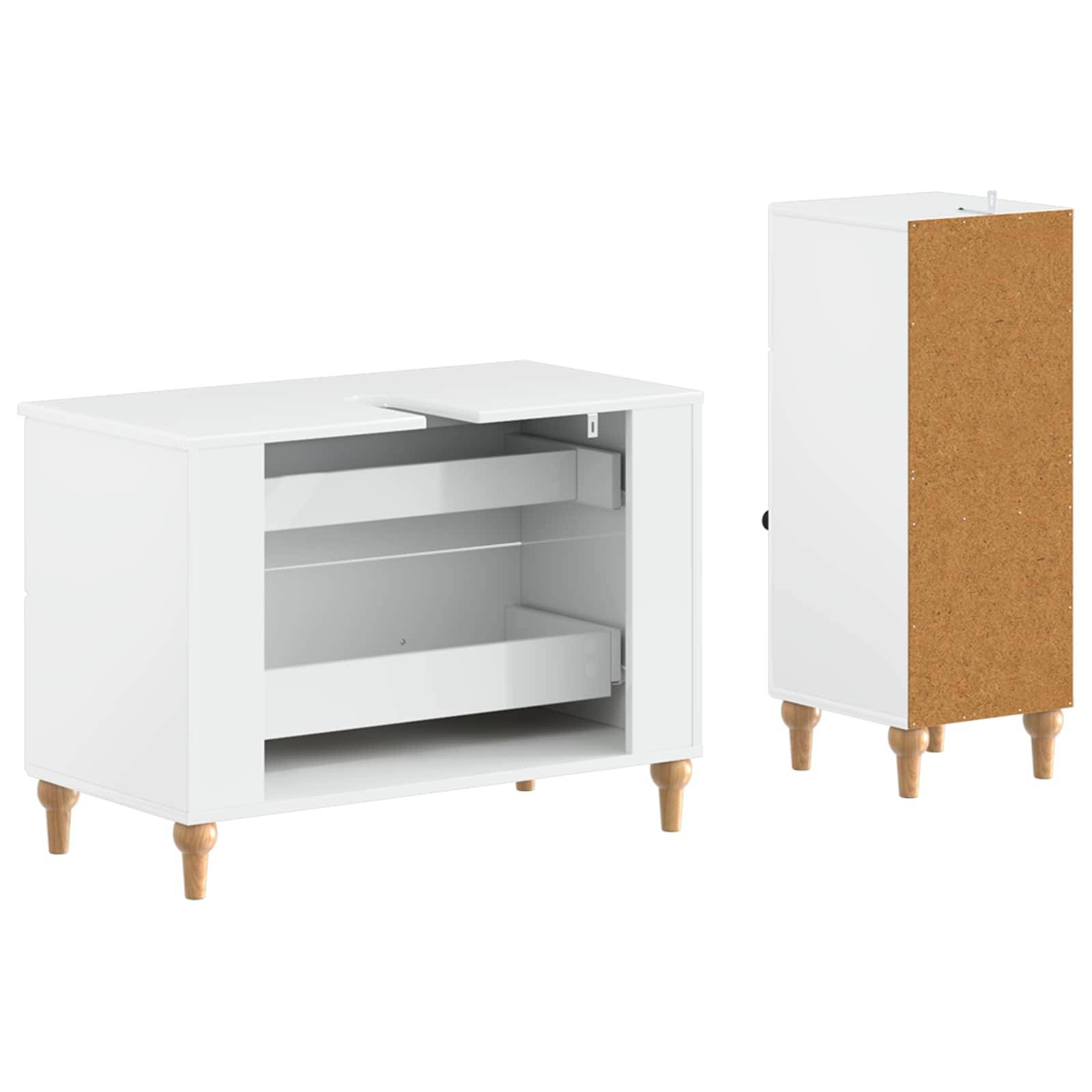 Weiß lackierter Schrank mit Holzbeinen, geöffnet und geschlossen dargestellt, mit Regalen und einer Schublade im Inneren.