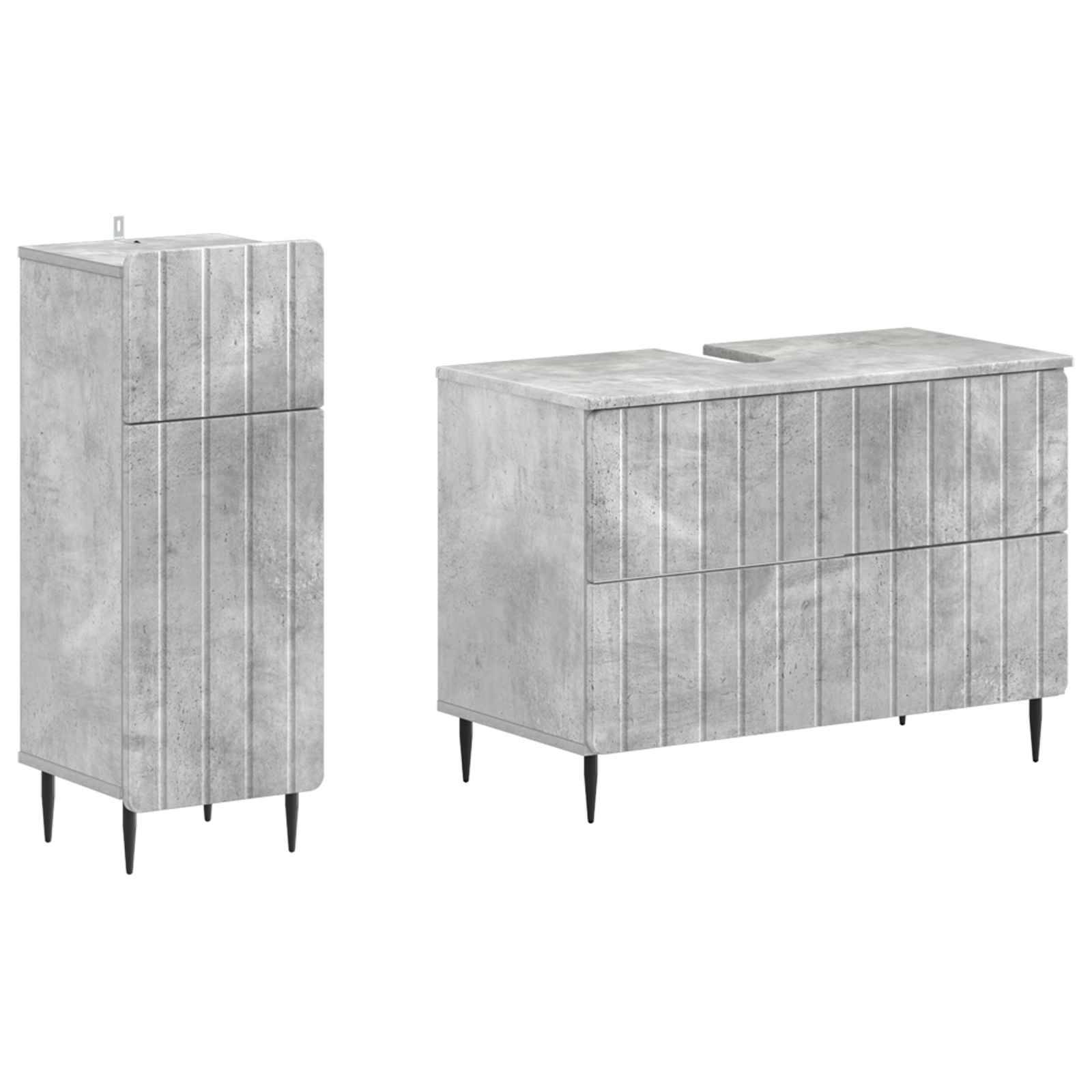 Grauer Holzschrank in zwei Ansichten dargestellt: hoher schmaler und breiterer Sideboard, beide mit vertikalen Frontblenden und schwarzen konischen Beinen.