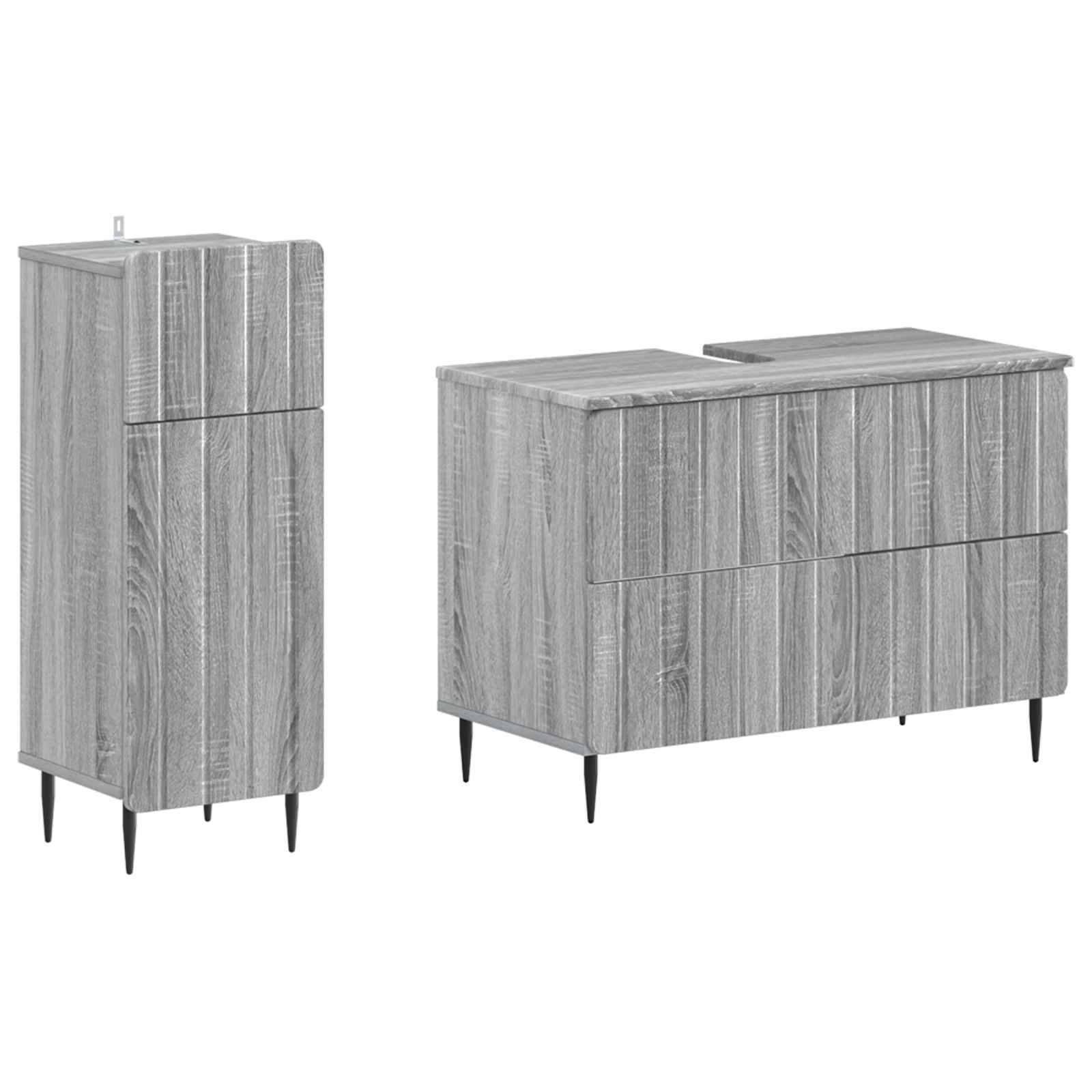 Grauer Schrank mit Holzmaserung in zwei Ansichten: ein hohes schmales Schrankelement und ein niedriges Sideboard auf Beinen mit mehreren Türen und Schubladen.