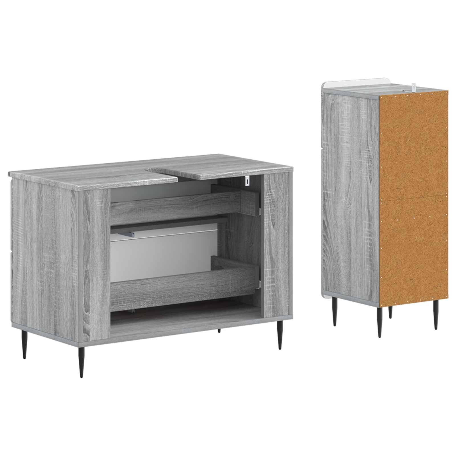 Grauer Holzschrank von vorne und von der Seite dargestellt, mit offenen Innenregalen, einer oberen Schublade und schwarzen konischen Beinen.