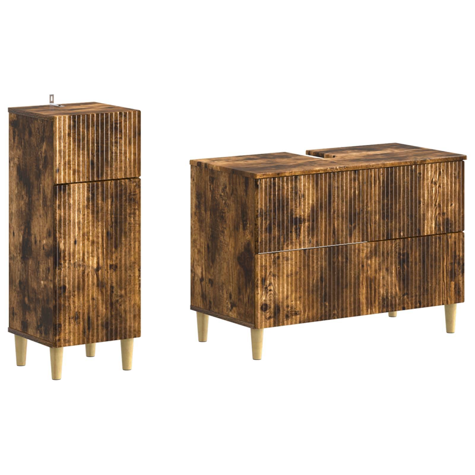 Zwei rustikale Holzlagerungsschränke mit gerippten Fronten und goldenen Beinen, nebeneinander auf weißem Hintergrund dargestellt.