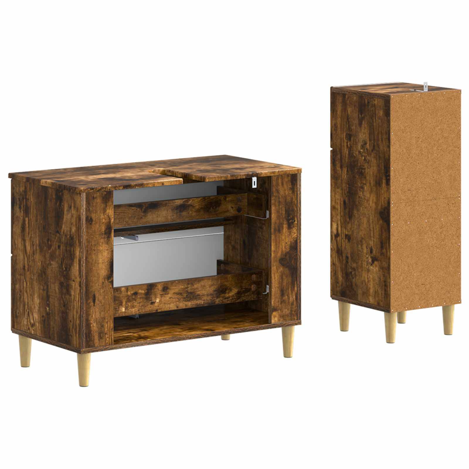 Holzschrank mit Vorder- und Rückansicht, mit aufklappbarem Deckel, offenem Regal im Inneren und vier sich verjüngenden Beinen.